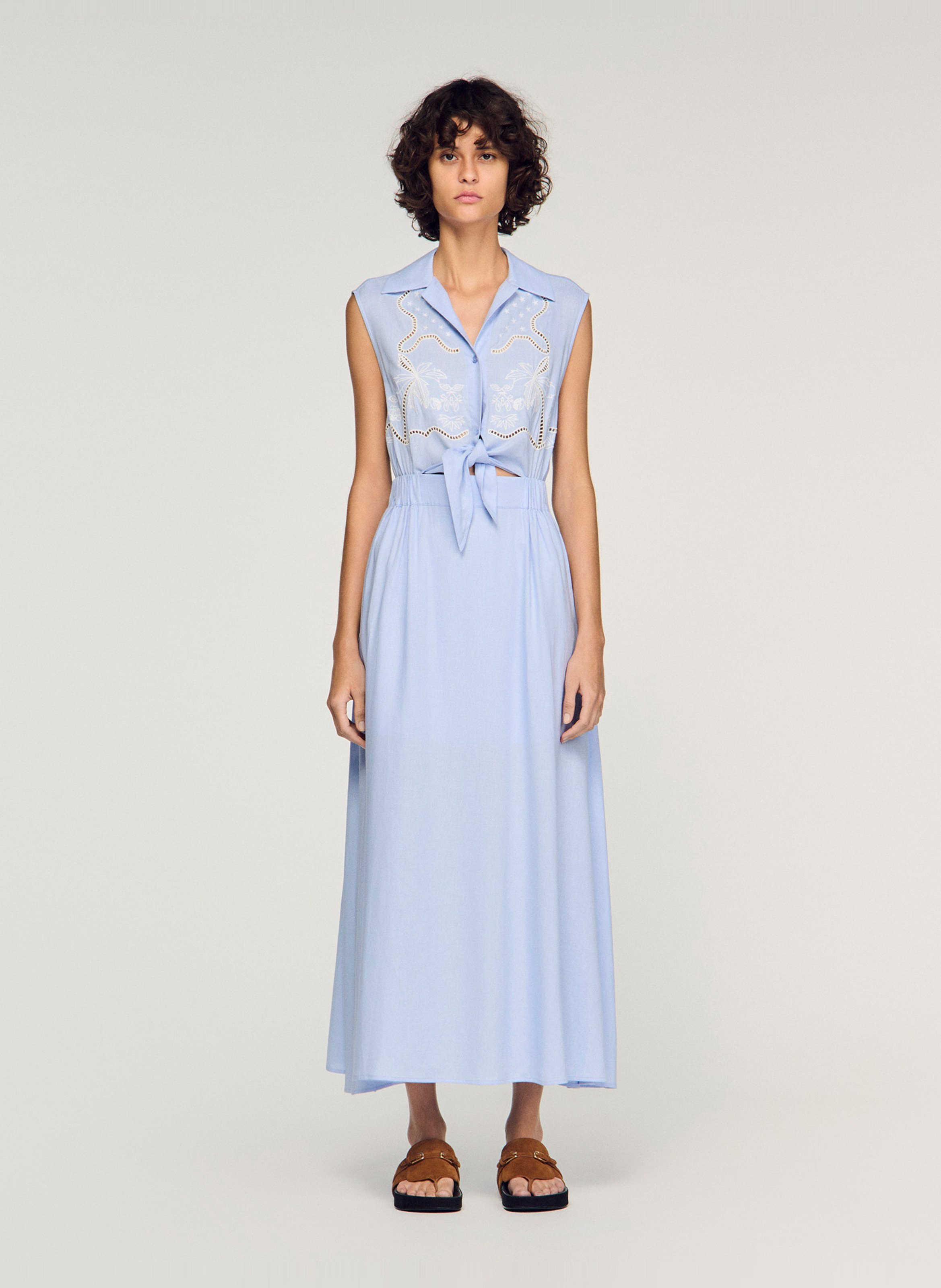 Robe longue col classique en lin mélangé SANDRO Bleu