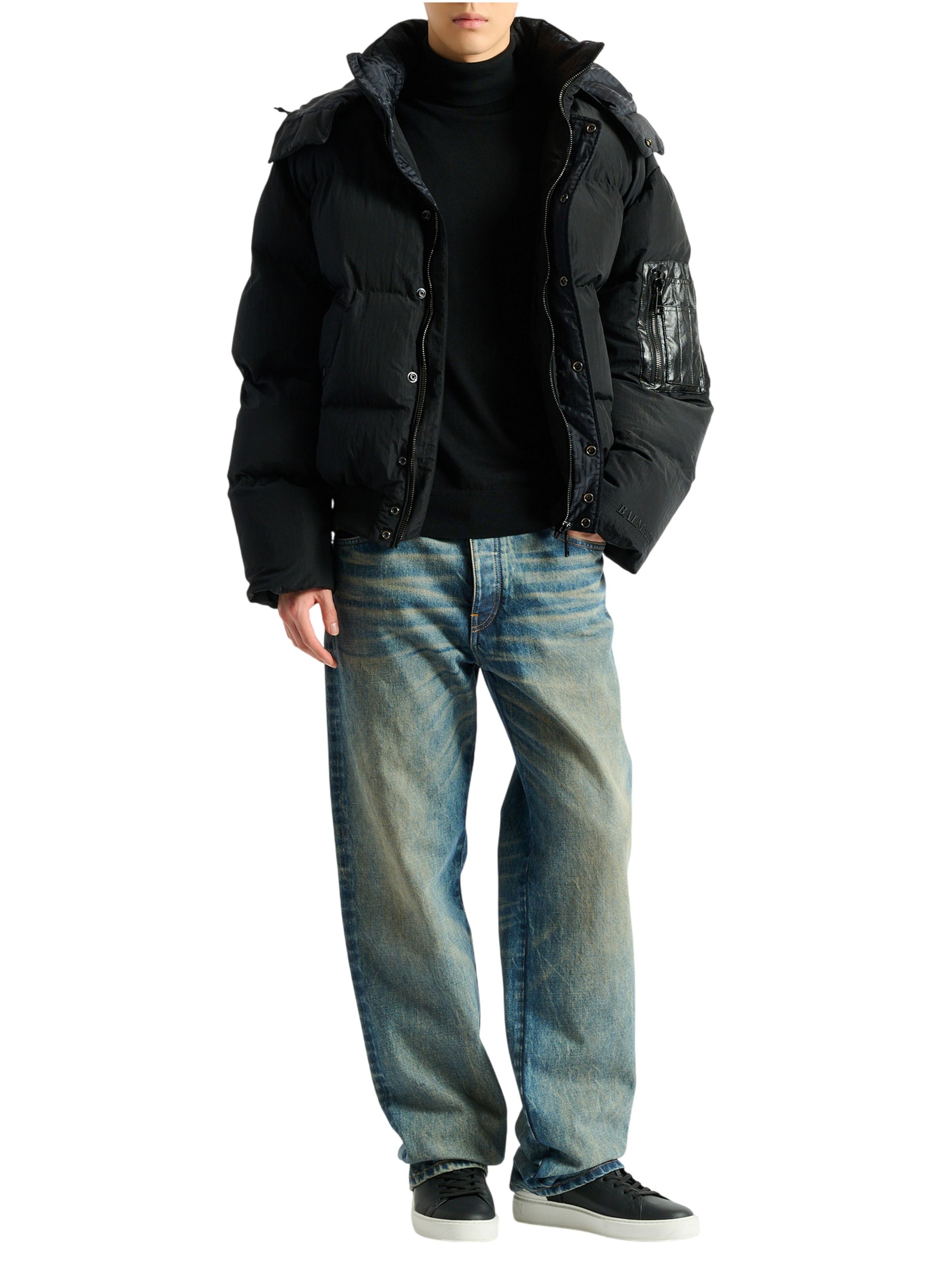 Doudoune en nylon et cuir BALMAIN Noir
