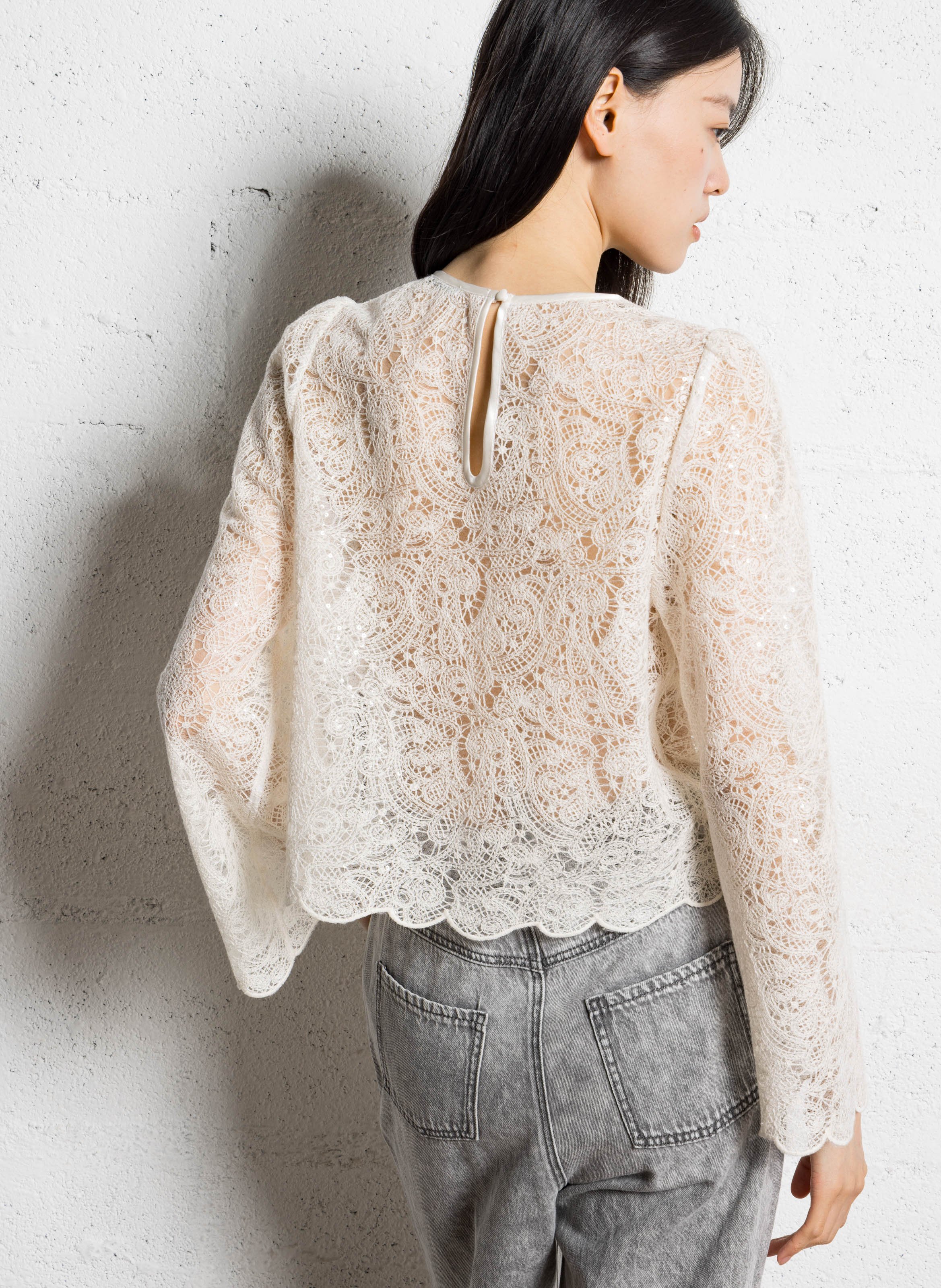 Top droit col rond en dentelle IKKS Blanc