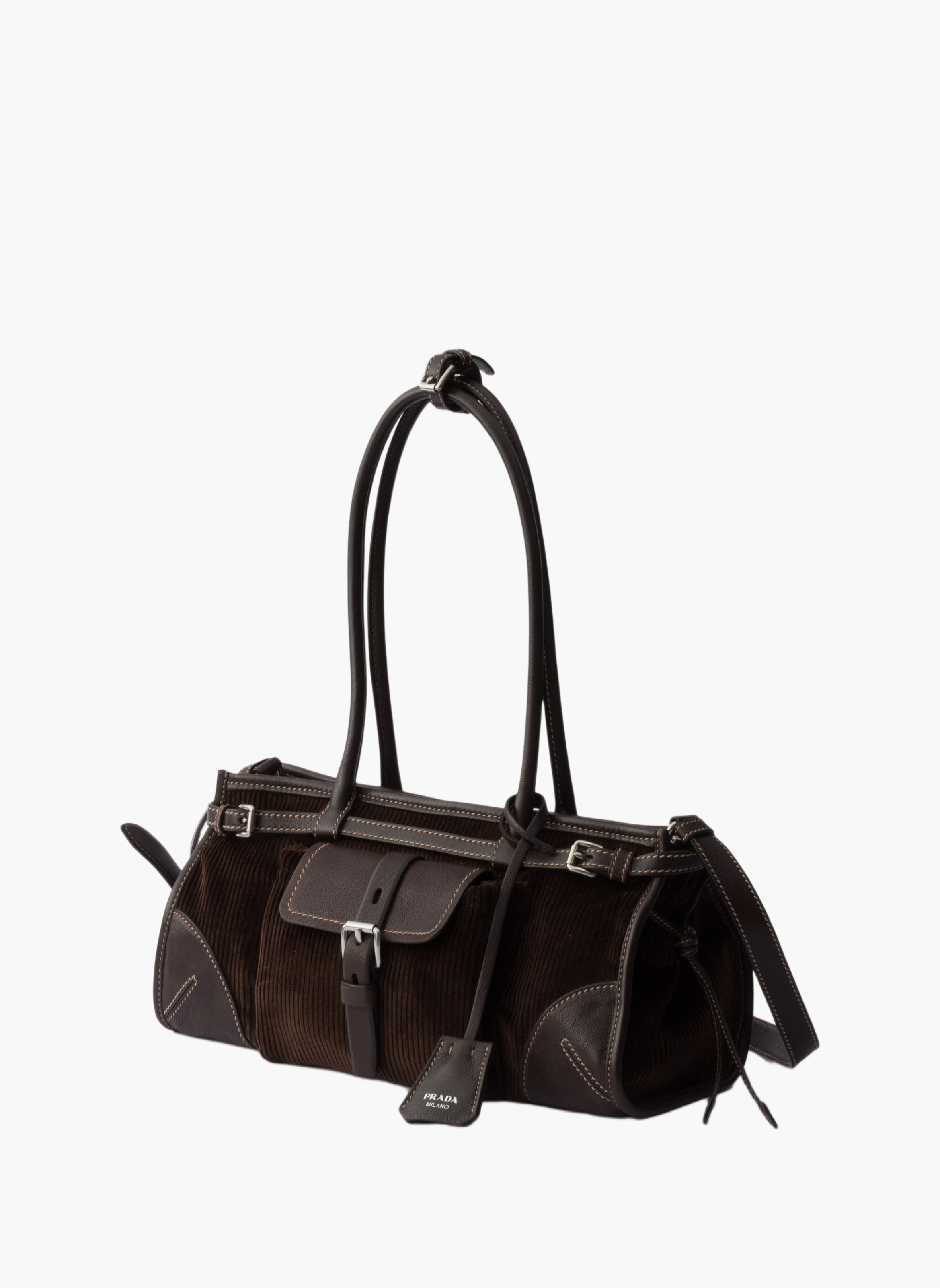 Sac à main prada bonnie en velours côtelé et cuir PRADA Marron
