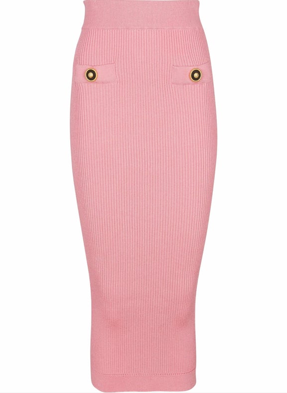 Jupe midi en maille côtelée unie Rose by BALMAIN BALMAIN Jupe midi en maille côtelée unie Rose