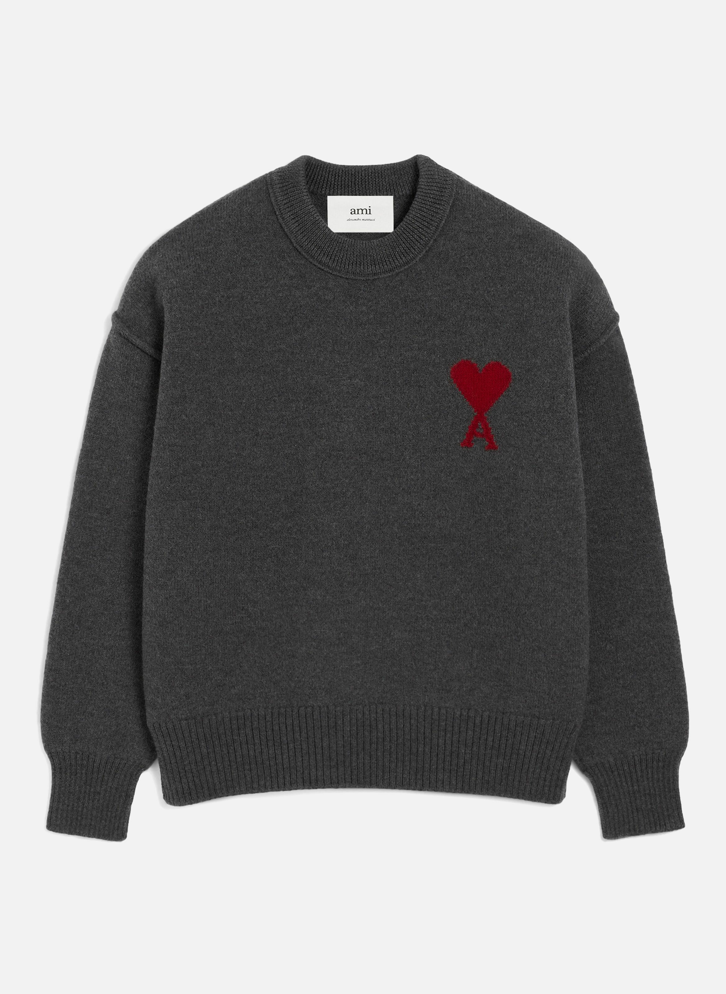 Pull col rond ami de coeur en laine unisexe AMI PARIS Gris