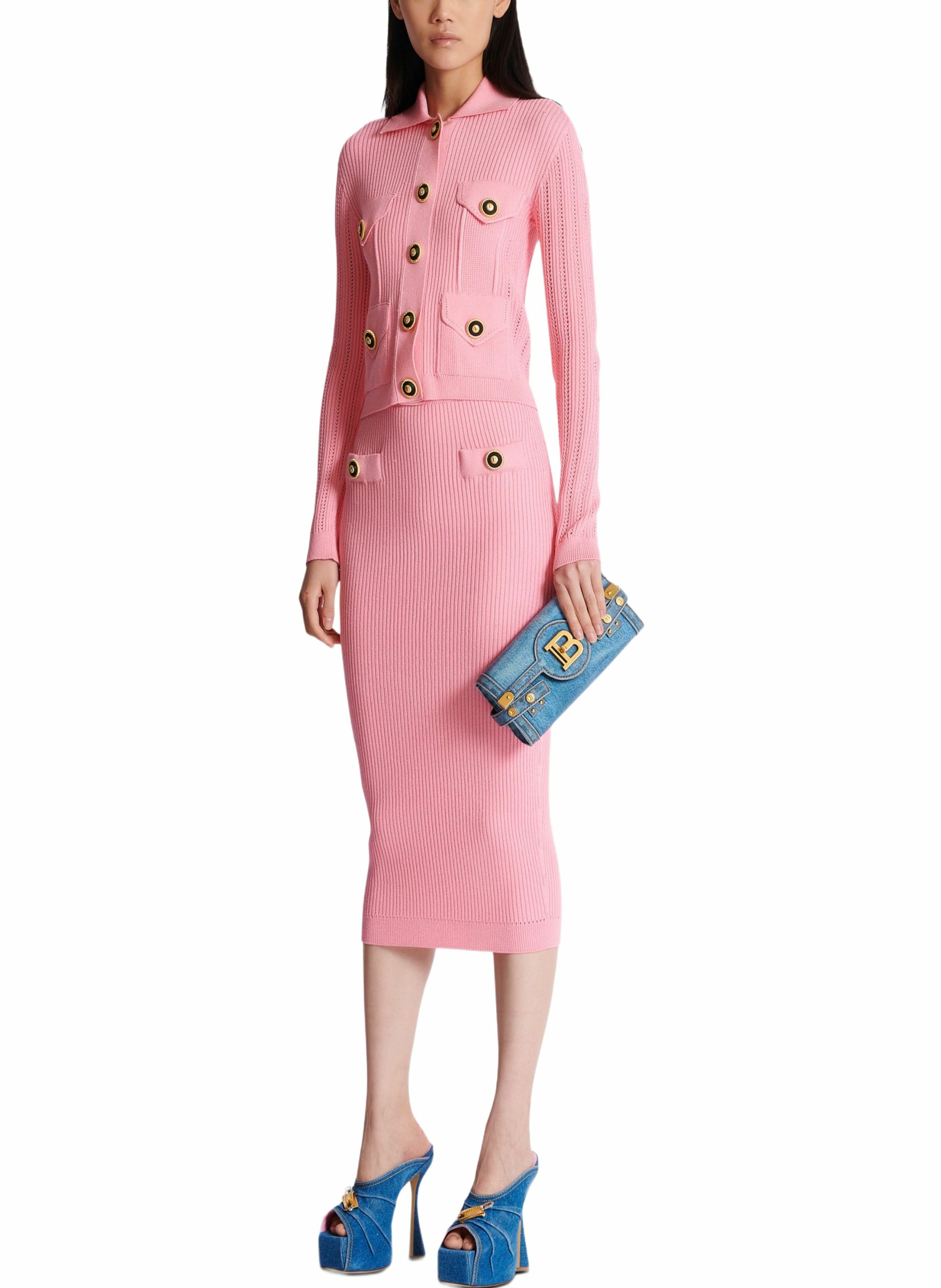 Jupe midi en maille côtelée unie BALMAIN Rose