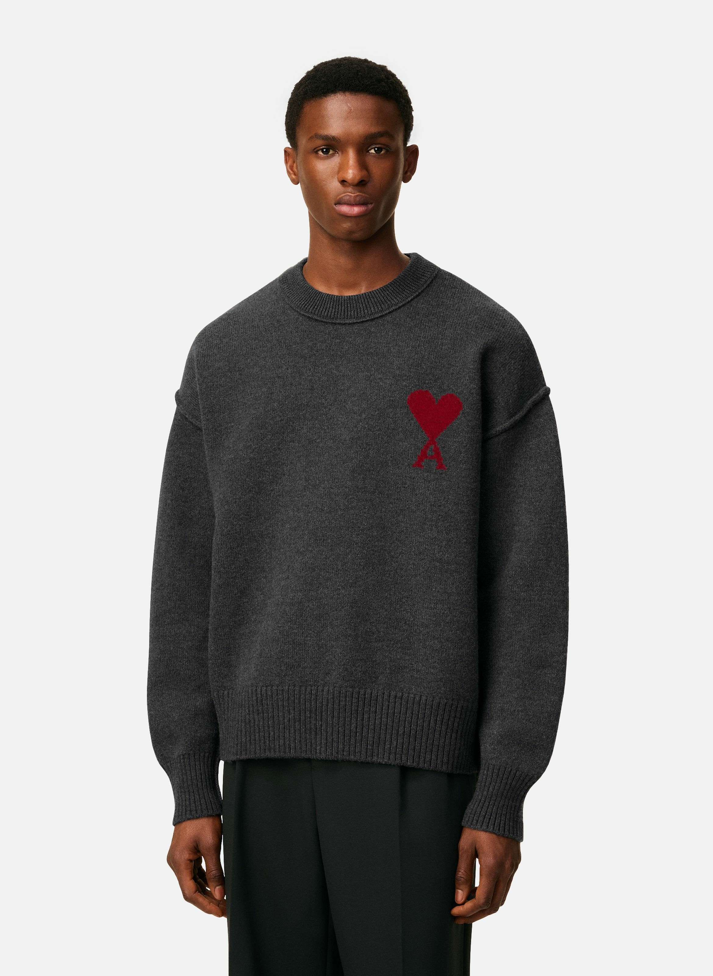 Pull col rond ami de coeur en laine unisexe AMI PARIS Gris