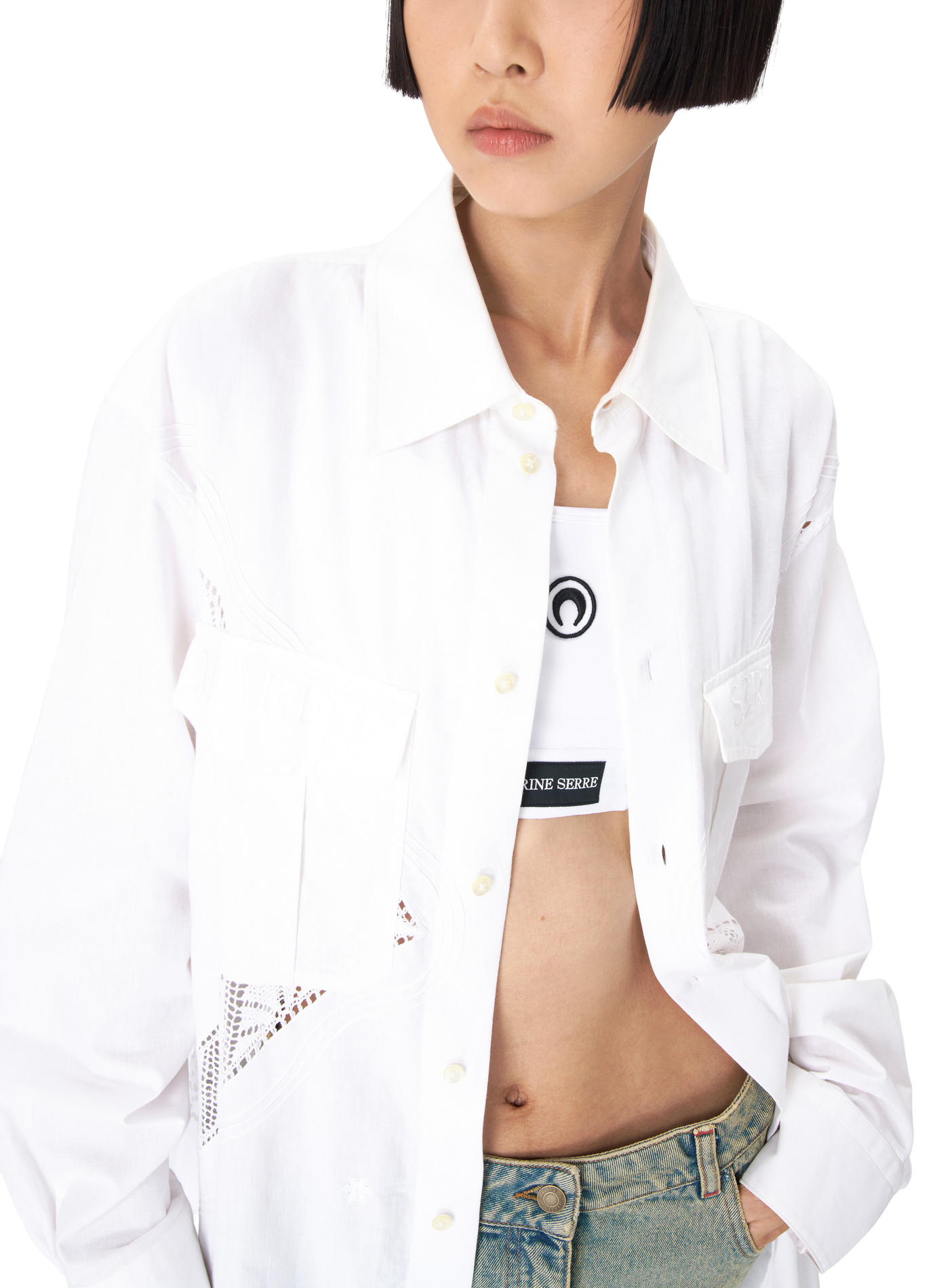 Chemise manches longues en linge de maison regenerated unisexe MARINE SERRE Blanc