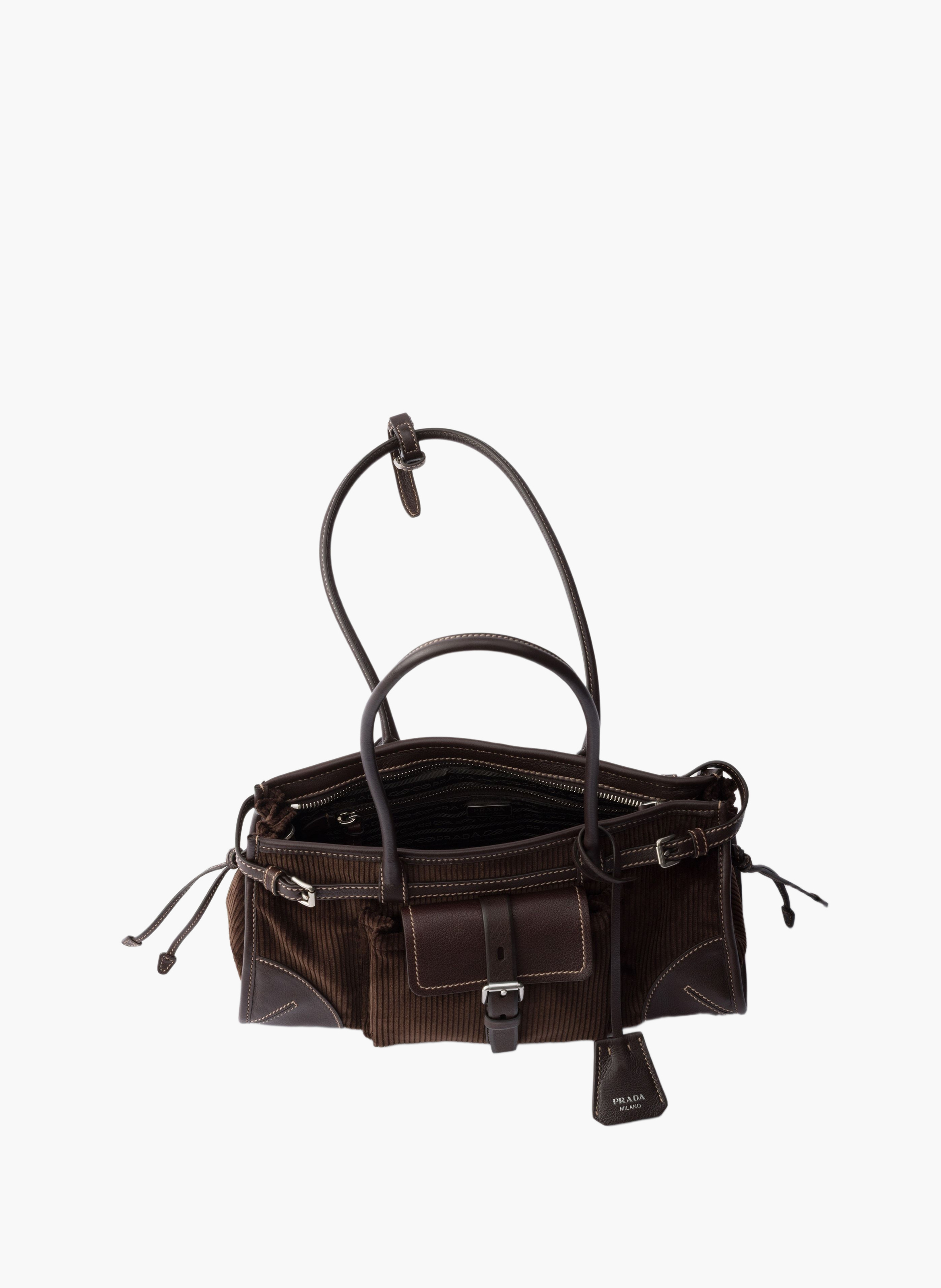 Sac à main prada bonnie en velours côtelé et cuir PRADA Marron