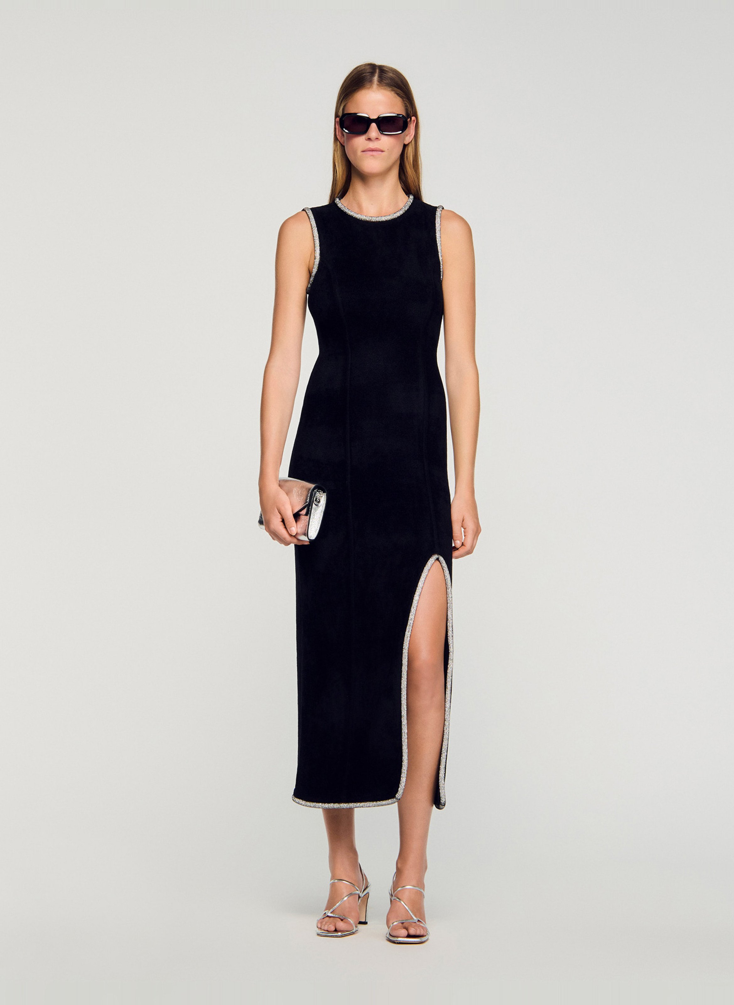 SANDRO Robe longue droite col rond Noir