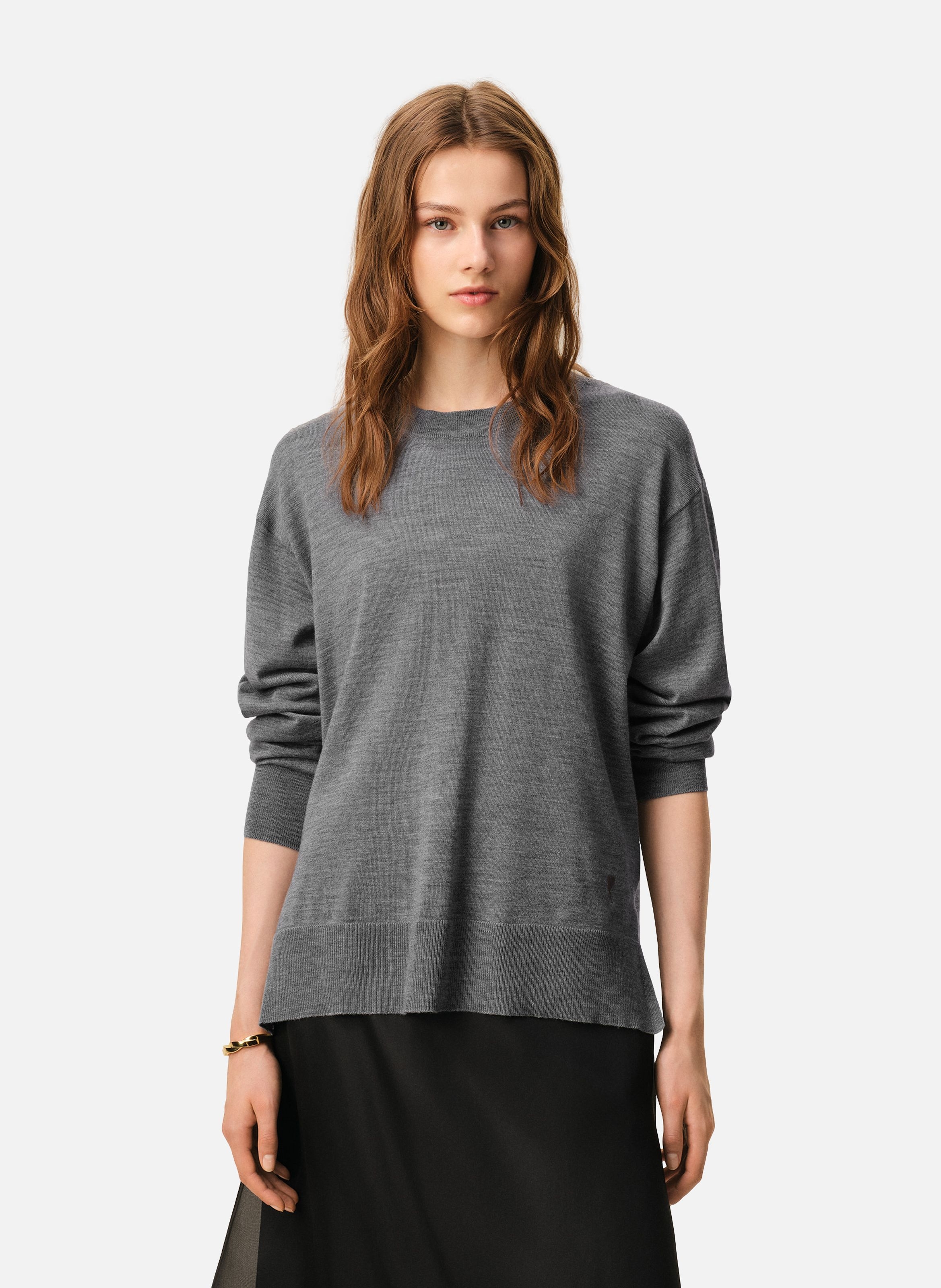Pull col rond ami de coeur unisexe en laine fine AMI PARIS Gris