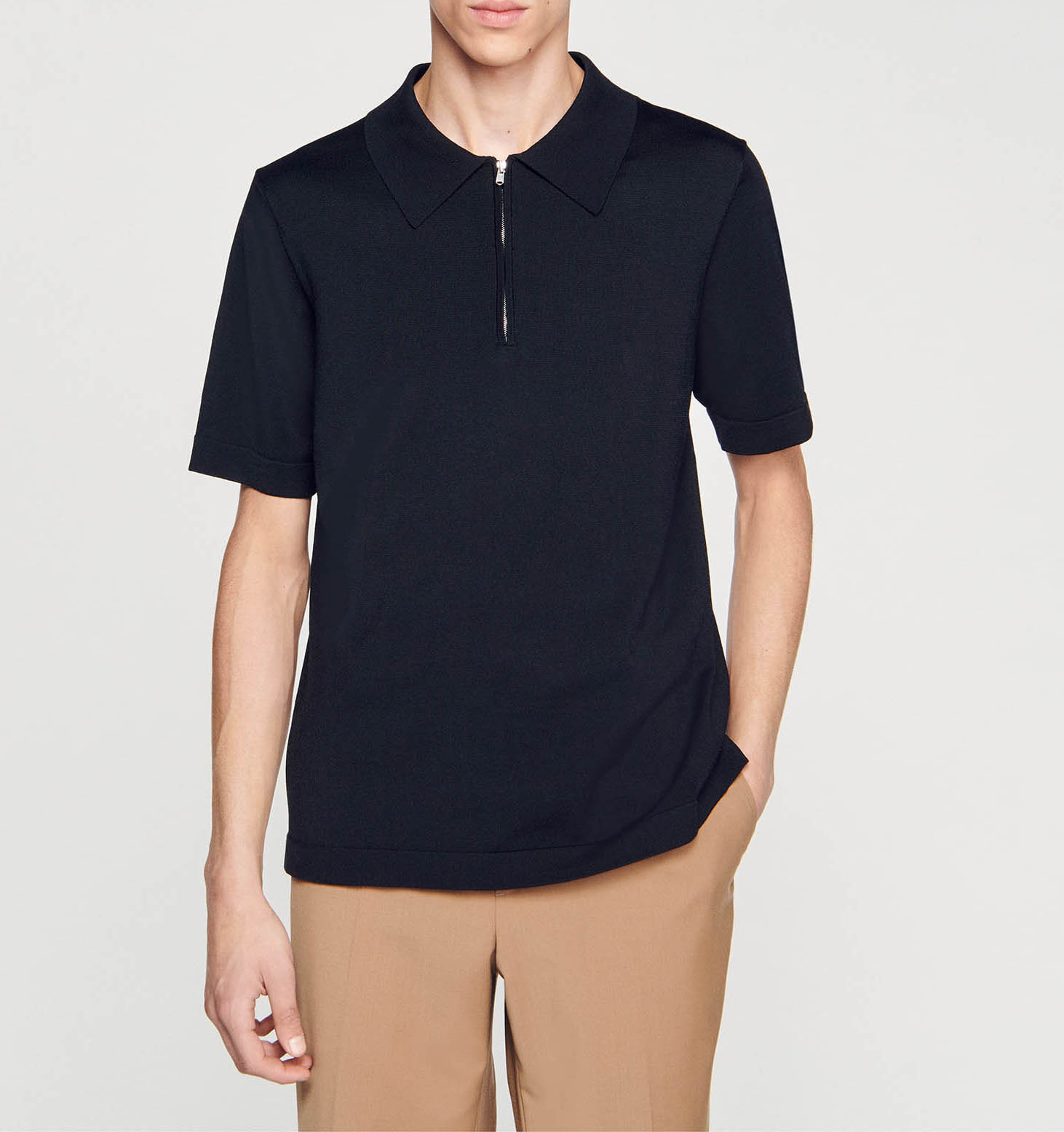 T-shirt manches courtes à col polo zippé  Noir