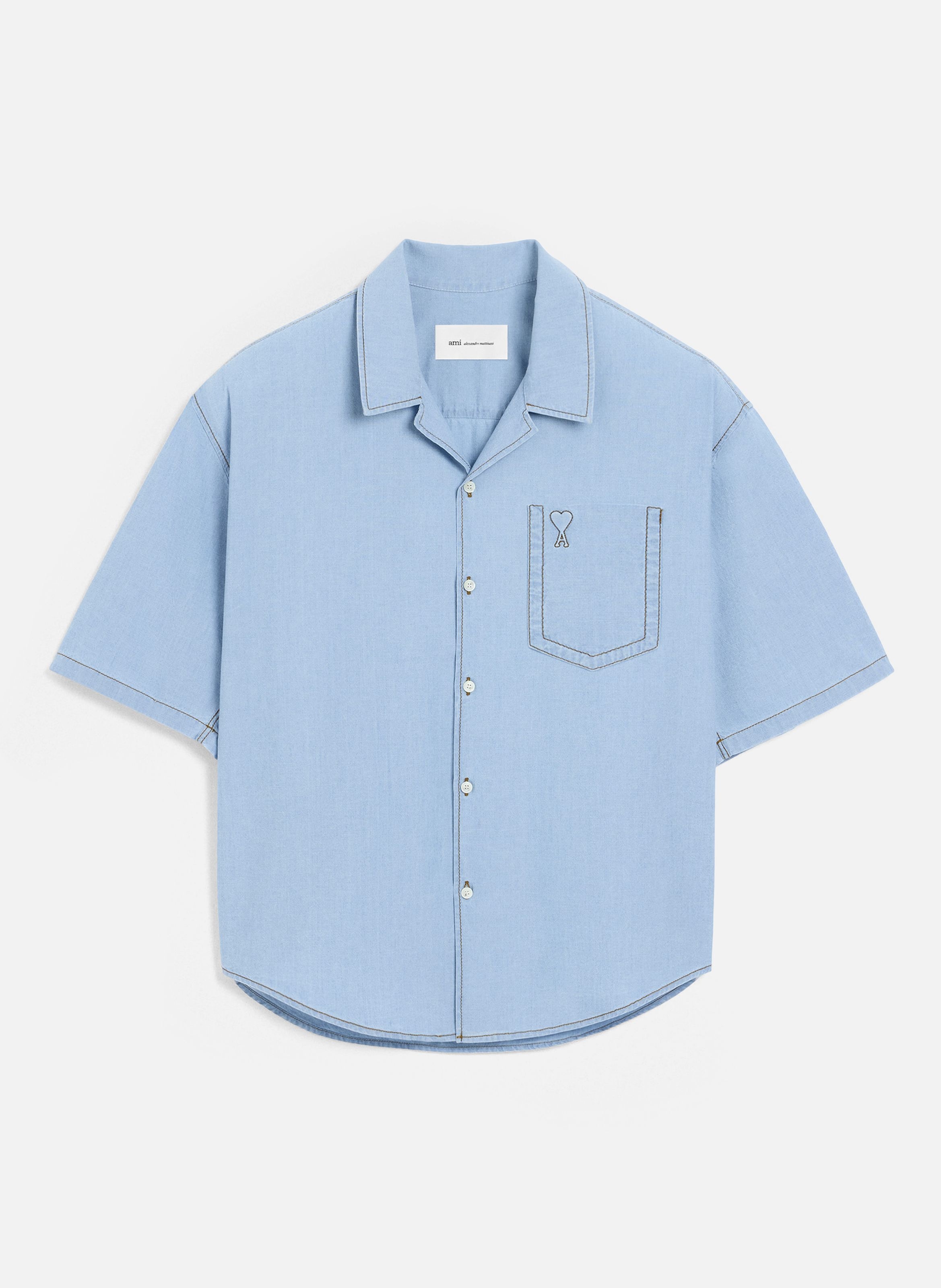 Chemise boxy manches courtes ami de coeur embossé en coton AMI PARIS Bleu