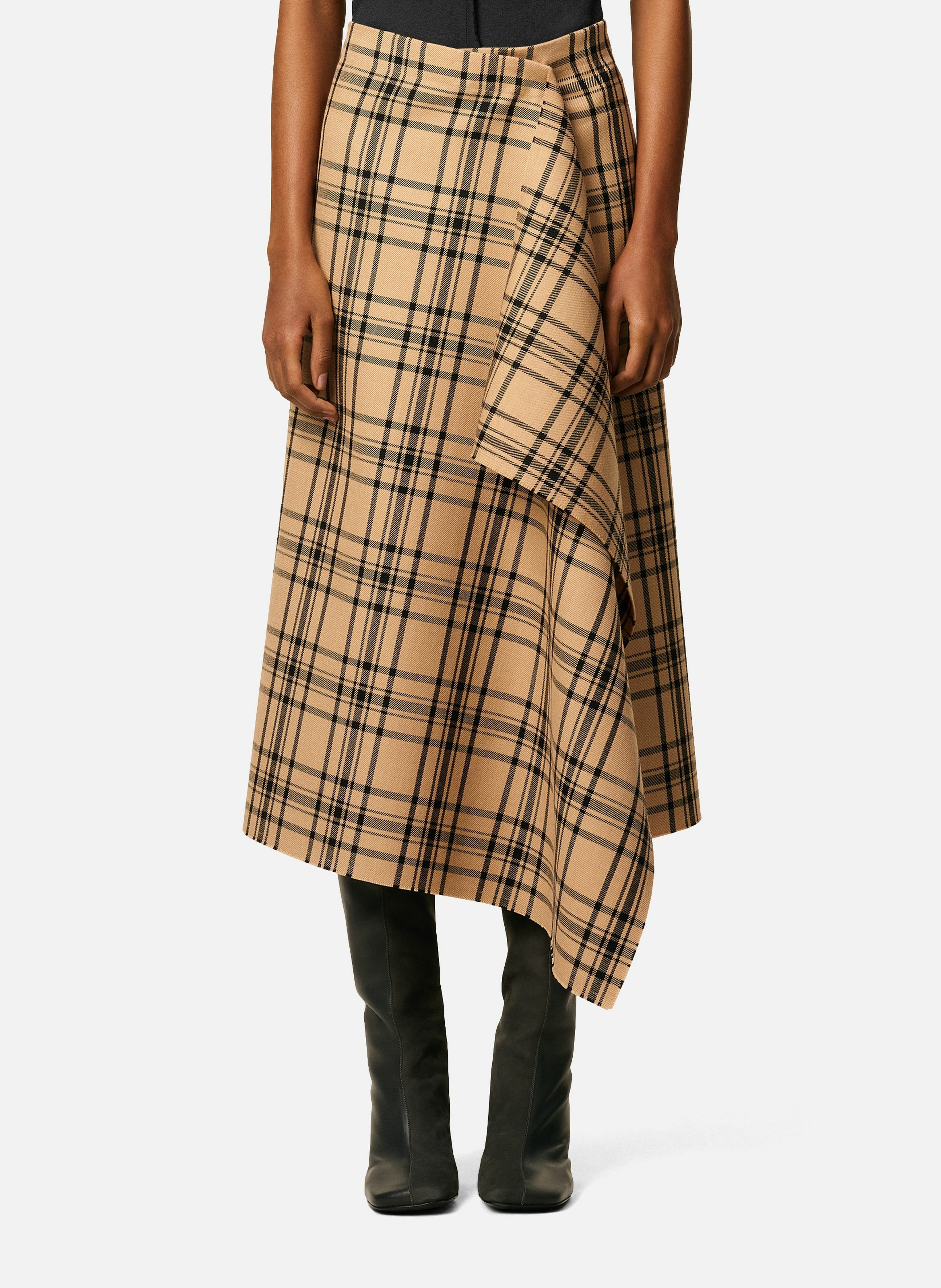 Jupe portefeuille midi a carreaux en laine AMI PARIS Marron