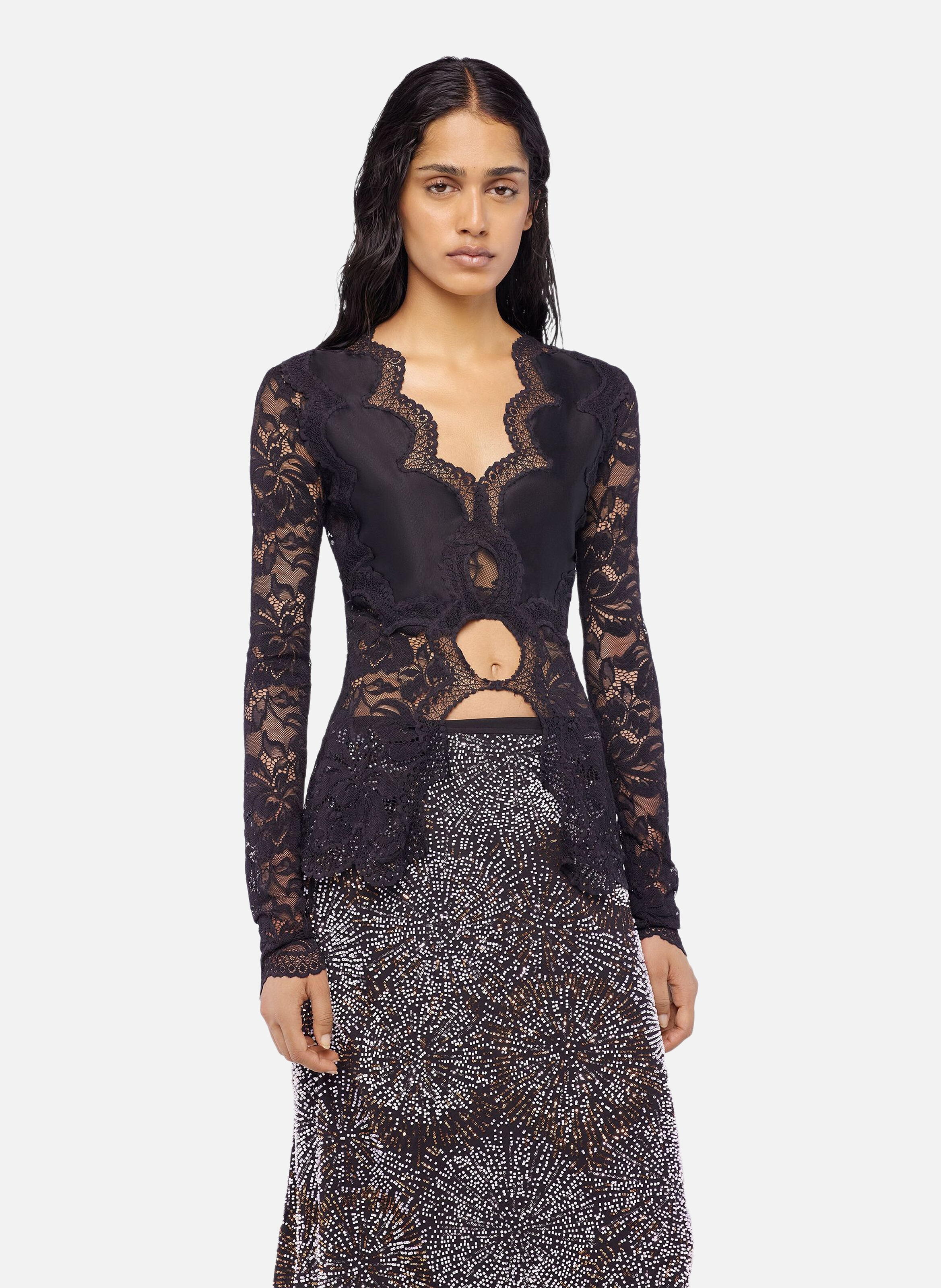 Top manches longues en dentelle RABANNE Noir