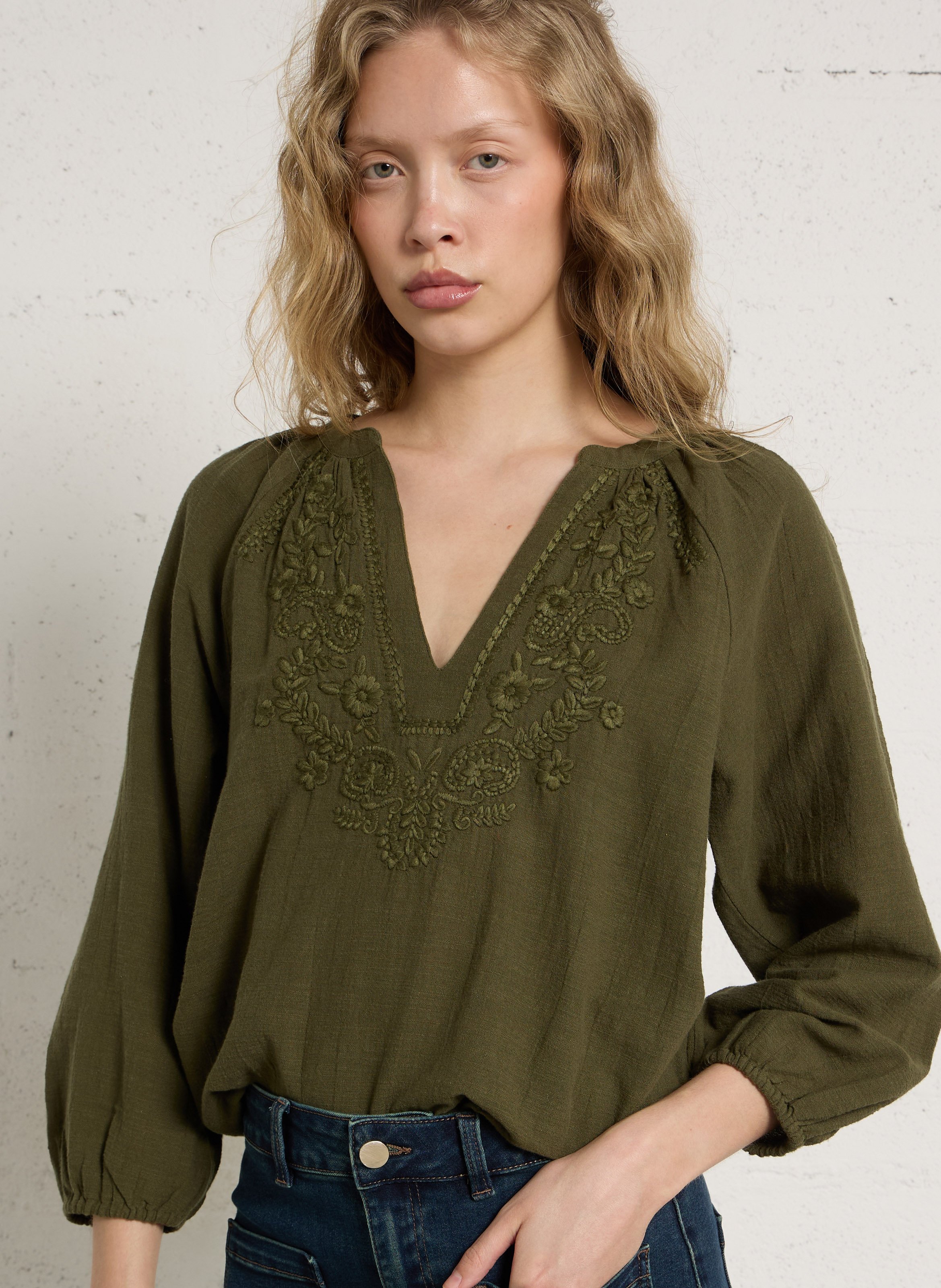 Blouse droite col v en coton delicate MAISON 123 Vert