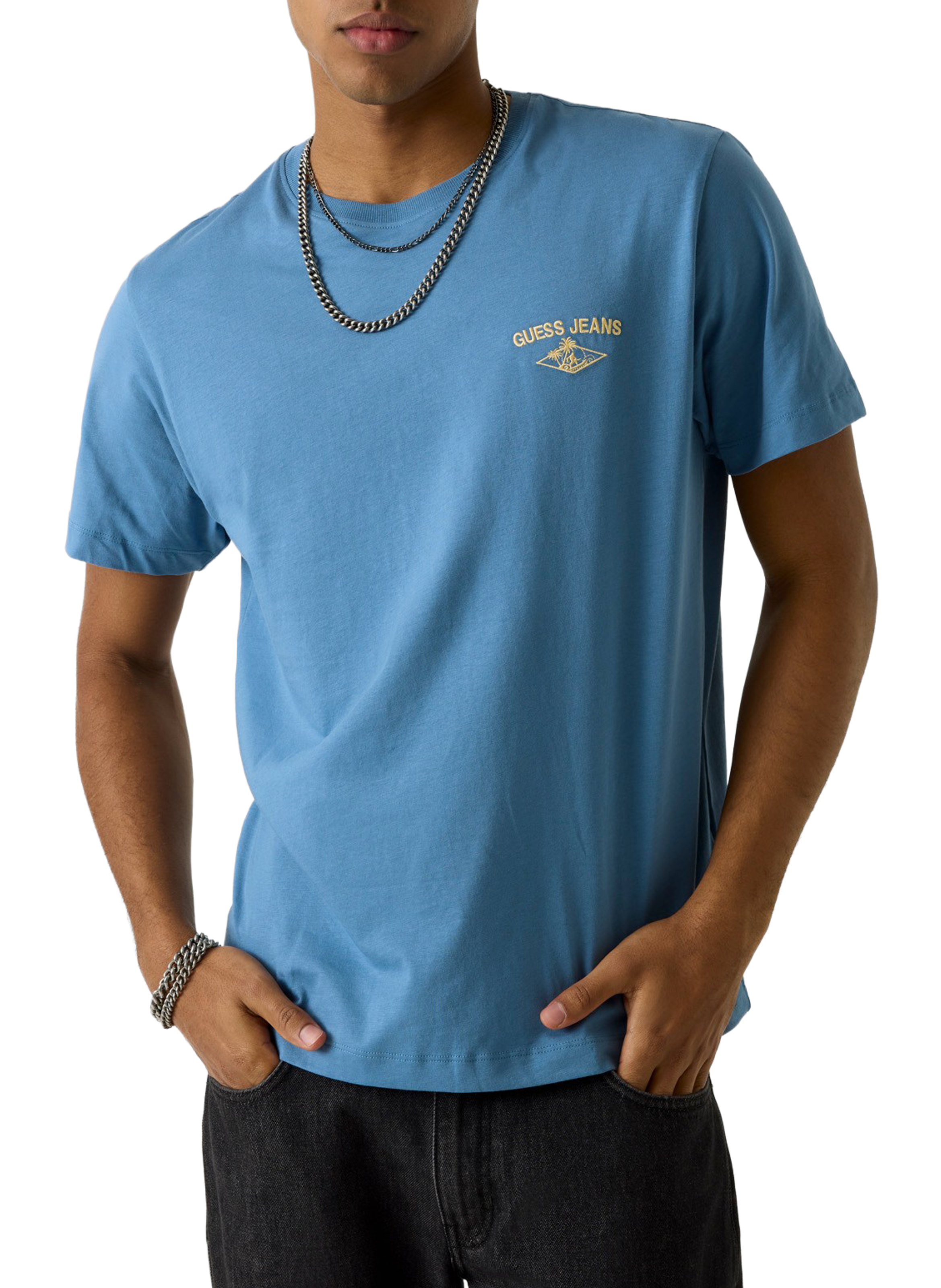 Embroidered cotton logo T-shirt GUESS Blue