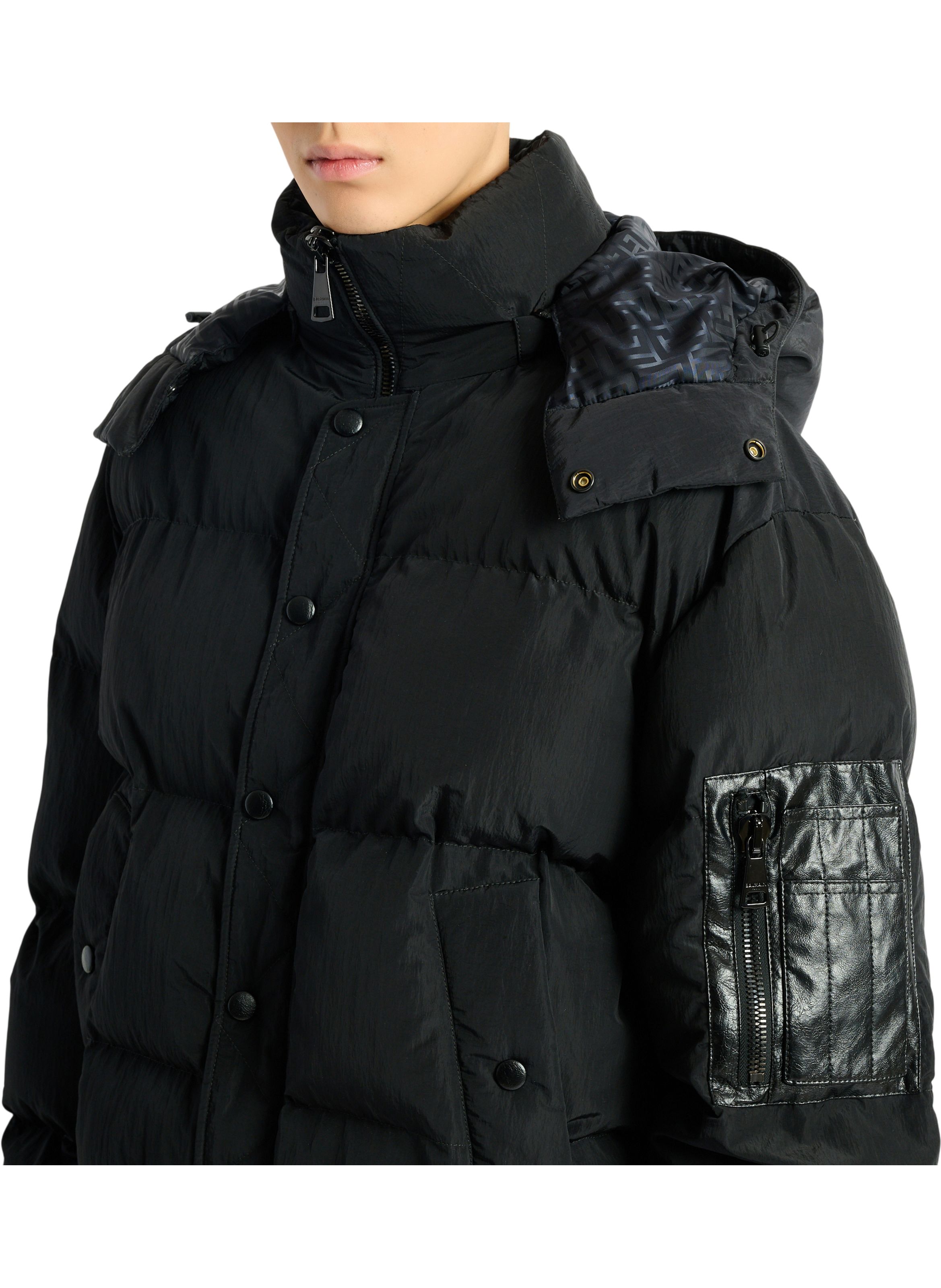 Doudoune en nylon et cuir BALMAIN Noir