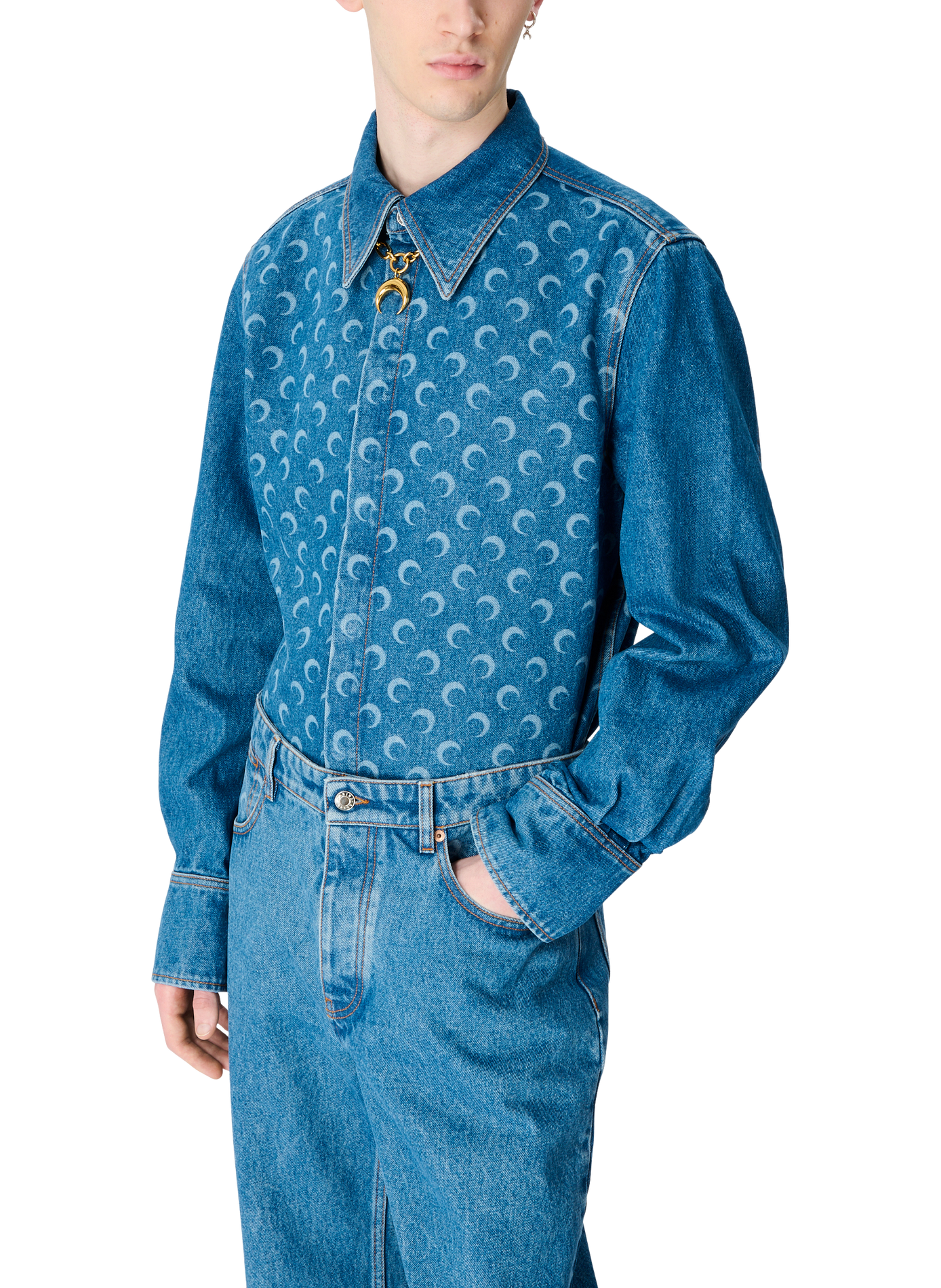 Chemise manches longues en denim délavé bleu laser moon unisexe MARINE SERRE Bleu