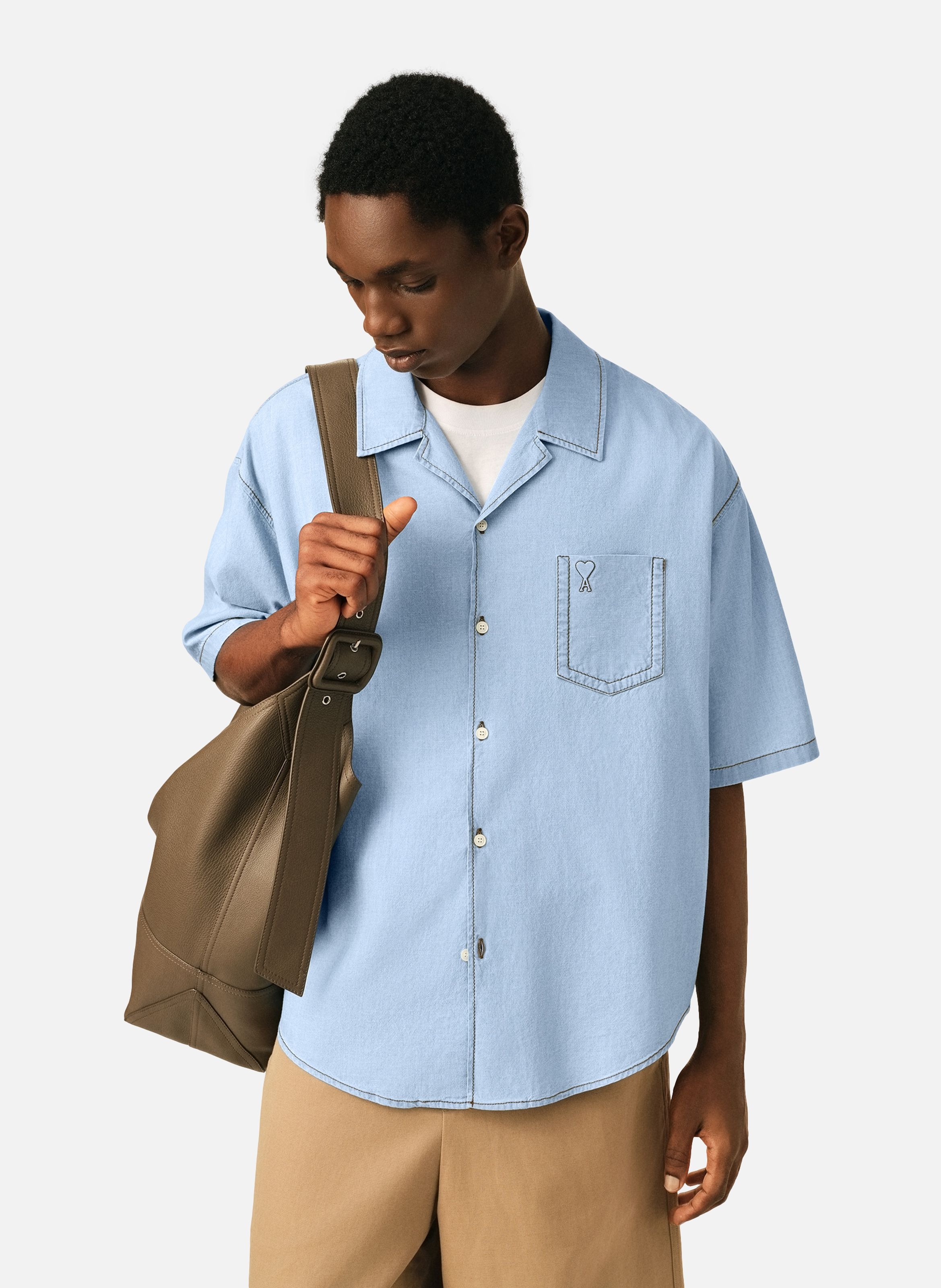 Chemise boxy manches courtes ami de coeur embossé en coton AMI PARIS Bleu
