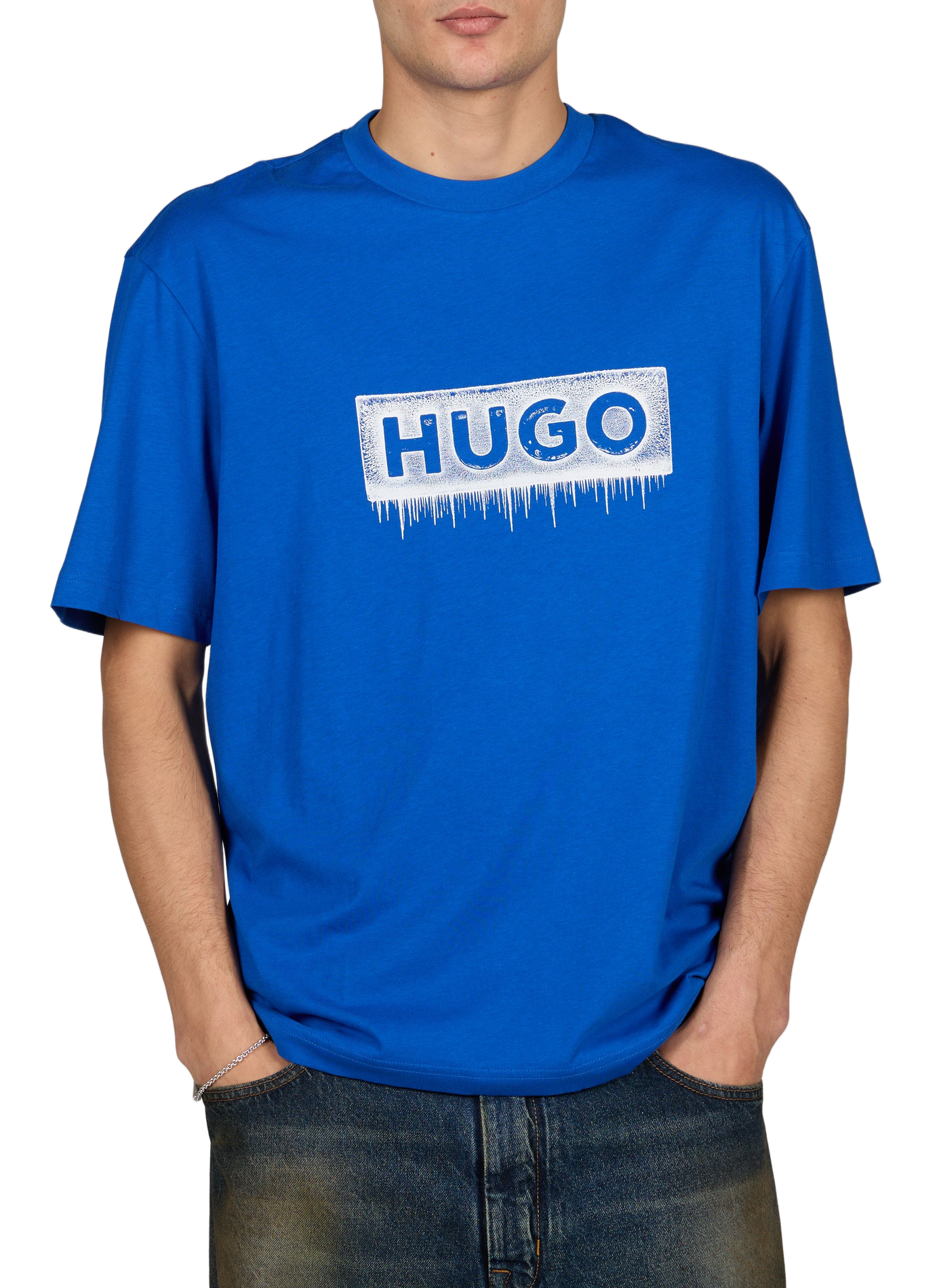 Gerade geschnittenes T-Shirt mit Rundhalsausschnitt und Siebdruck HUGO BLUE Blau