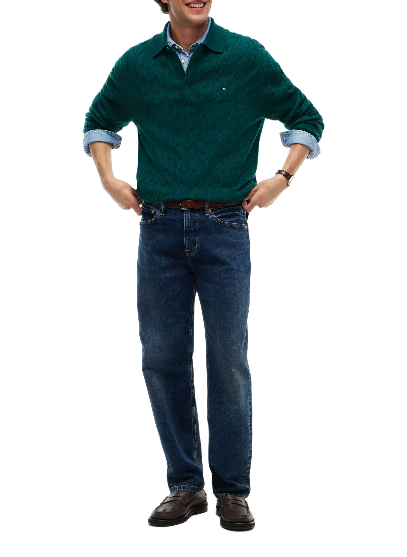 Straight-fit cable-knit wool polo-neck sweater TOMMY HILFIGER Green