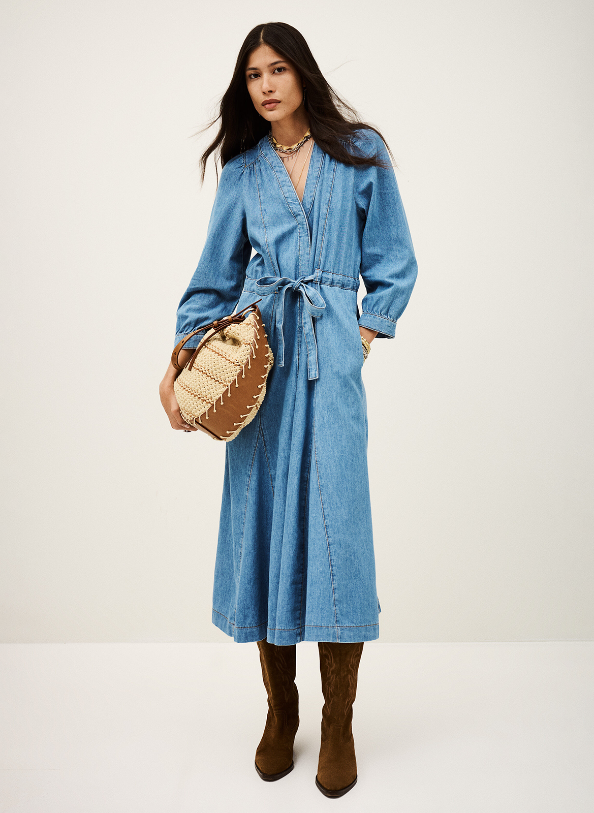Robe longue col v ceinturée en denim lia BA&SH Bleu