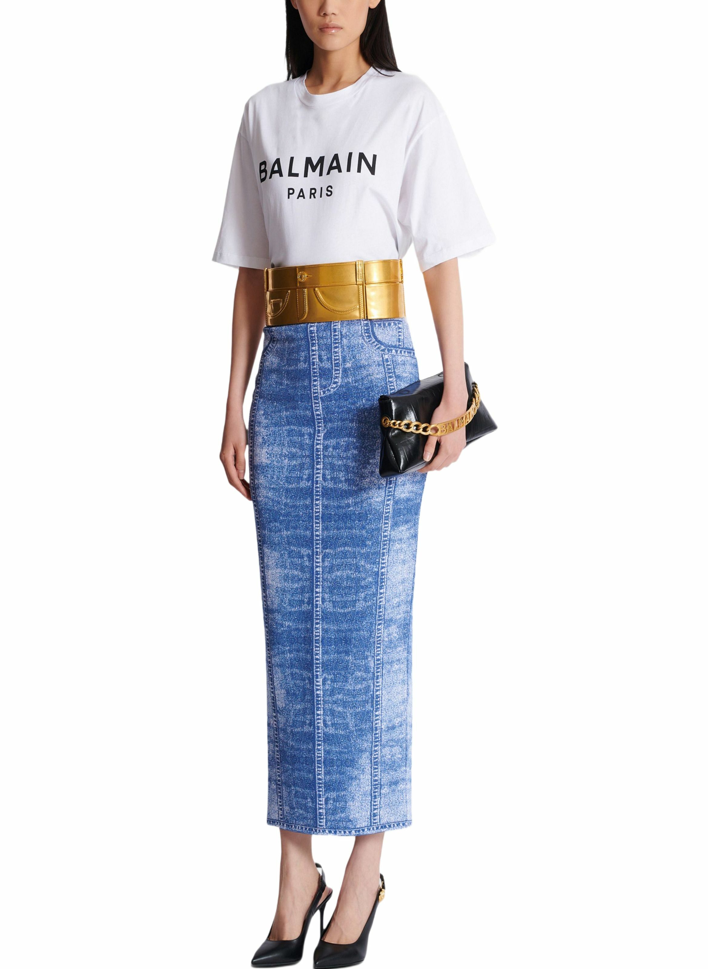 Jupe midi en maille jacquard avec trompe-l'œil denim BALMAIN Bleu