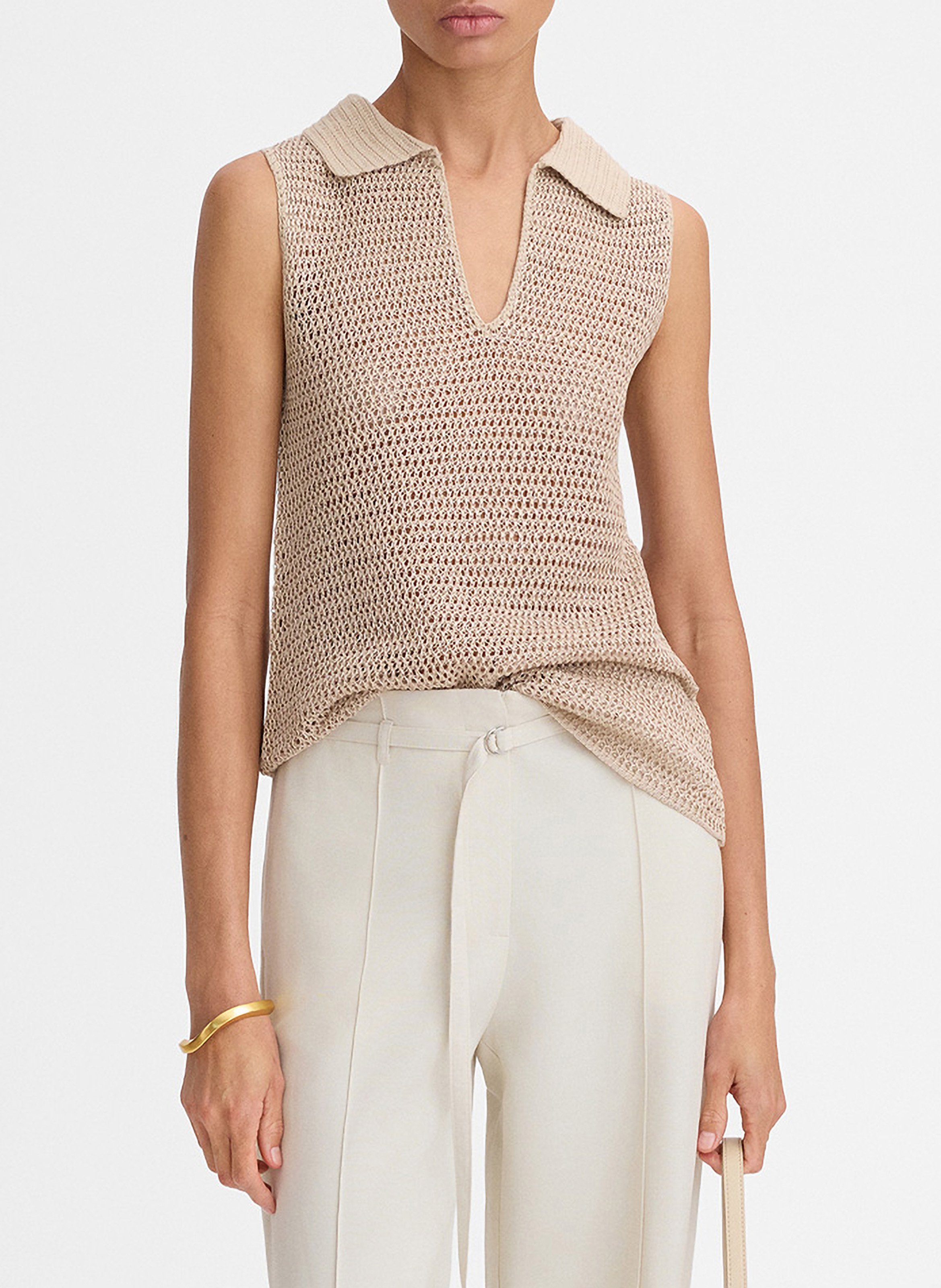 Top droit col polo en maille kristal SIMORRA Beige