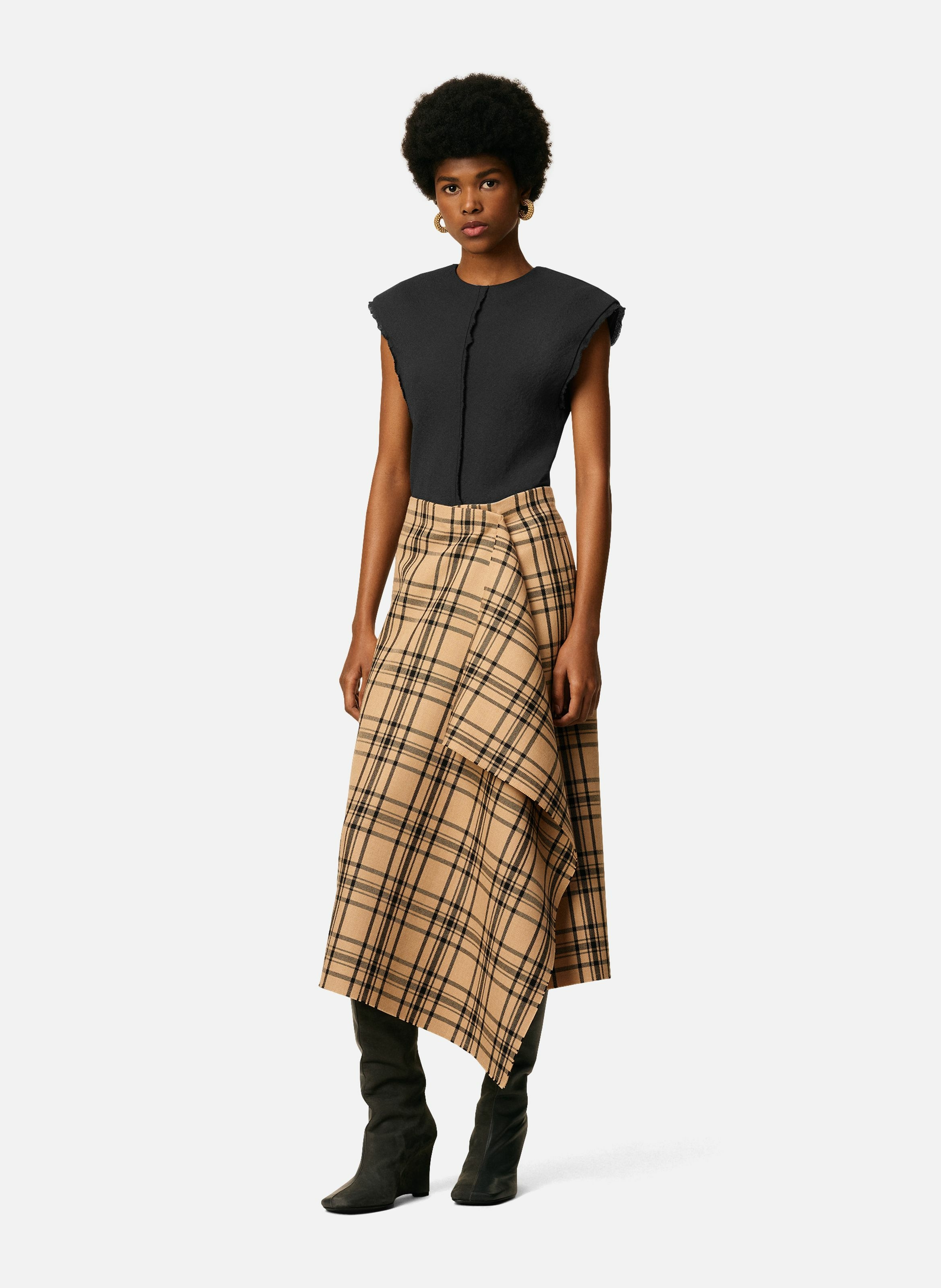 Jupe portefeuille midi a carreaux en laine AMI PARIS Marron