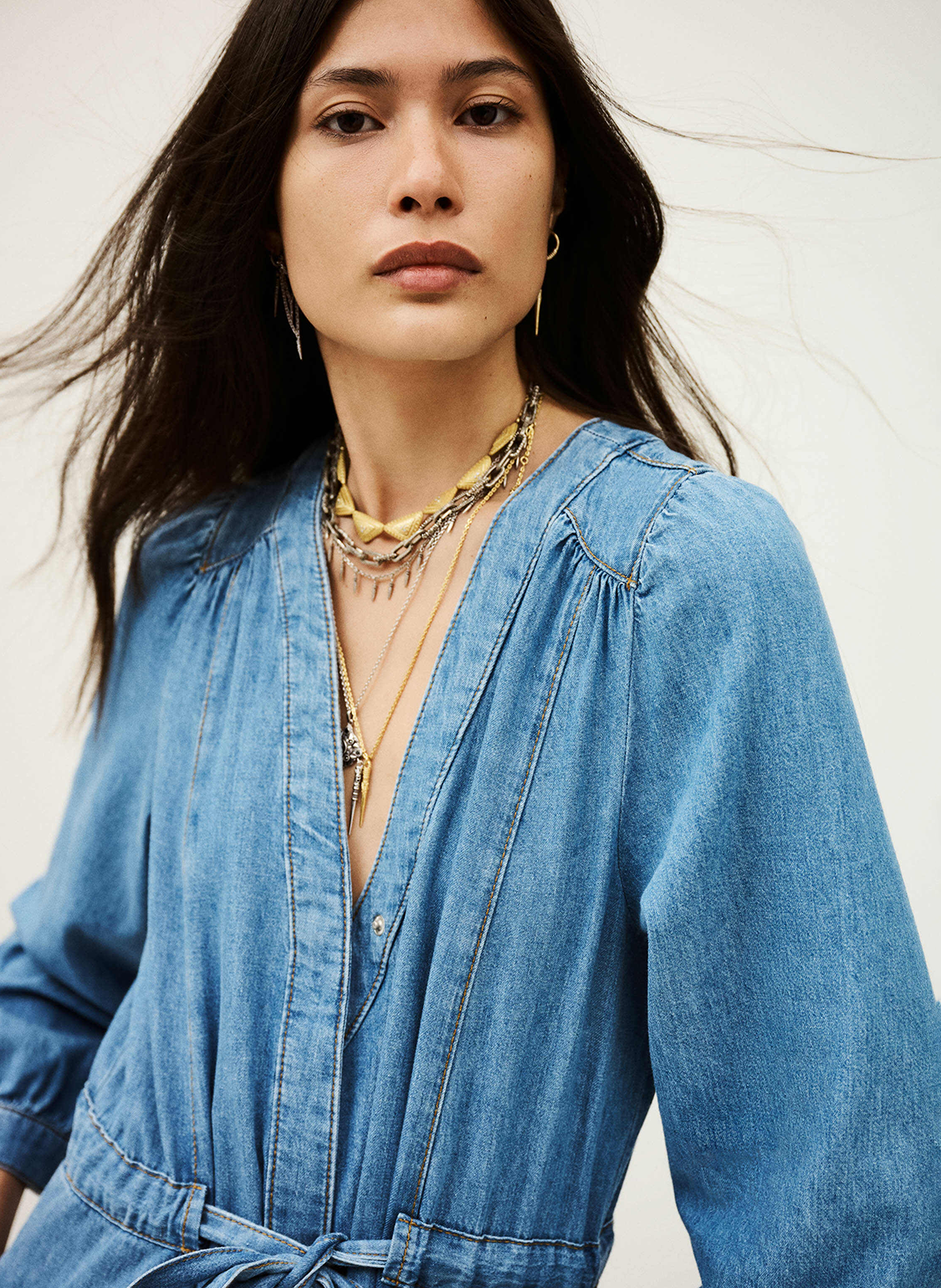 Robe longue col v ceinturée en denim lia BA&SH Bleu