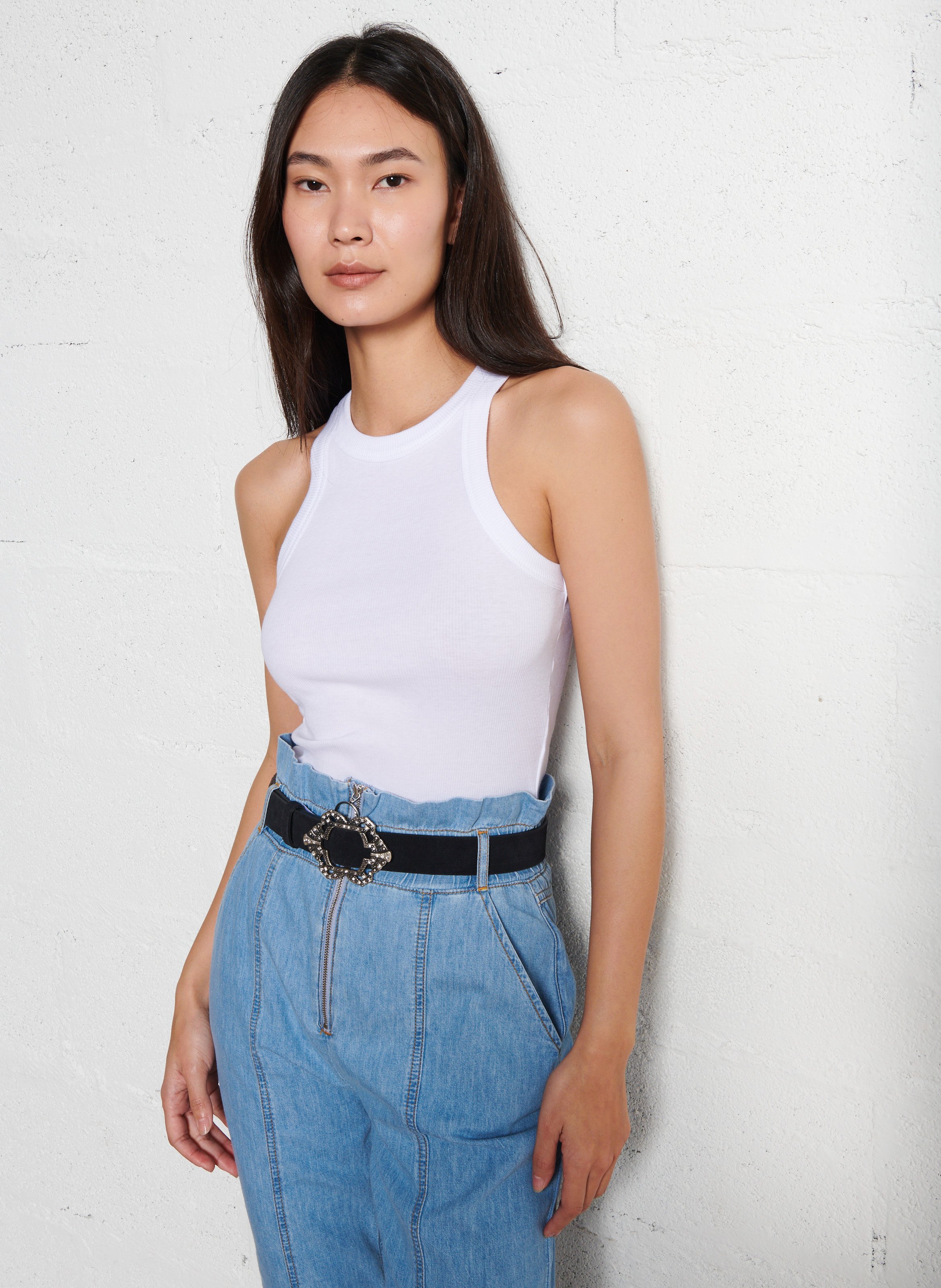 Débardeur col rond côtelé en coton cynda Blanc