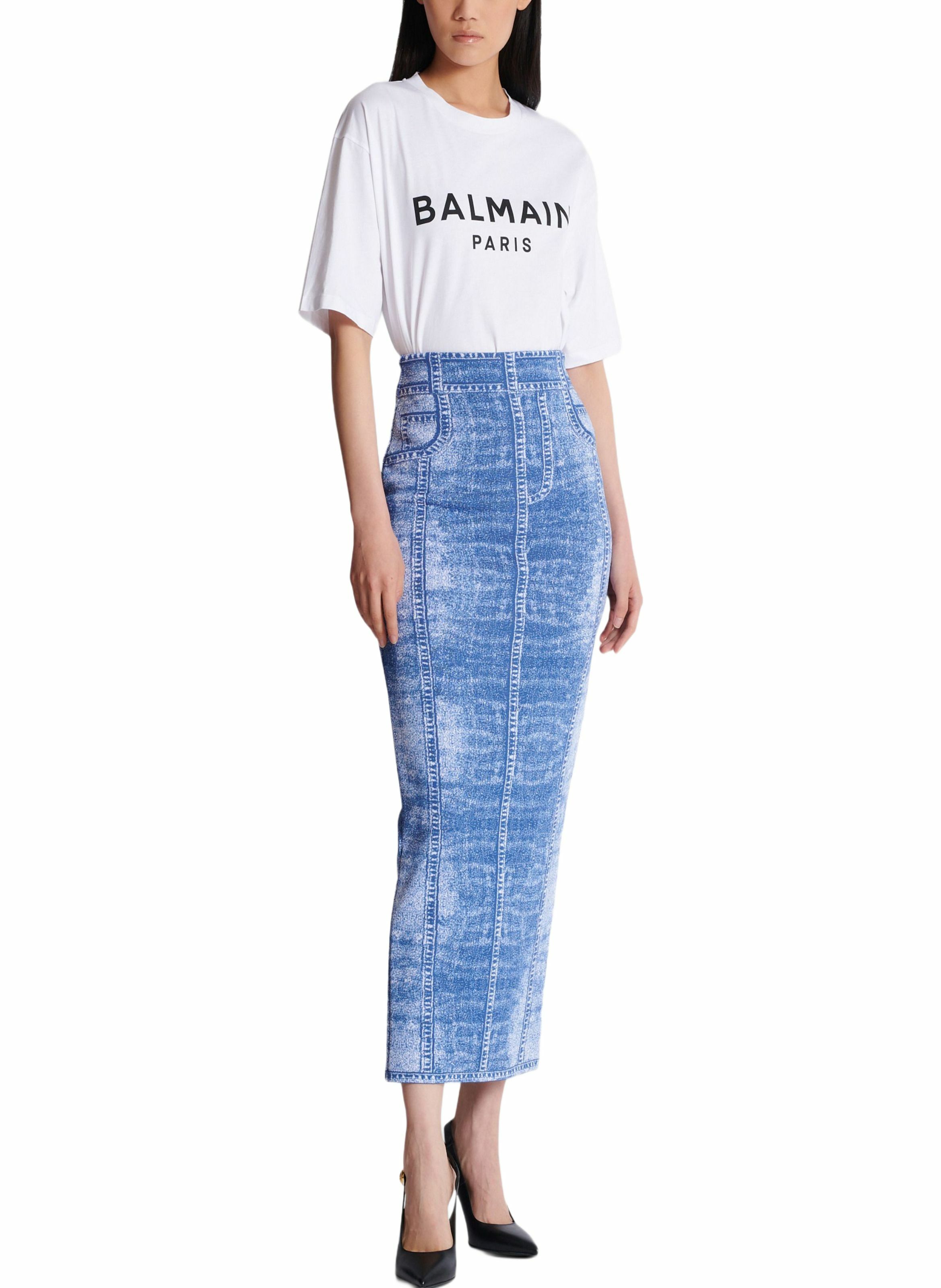 Jupe midi en maille jacquard avec trompe-l'œil denim BALMAIN Bleu