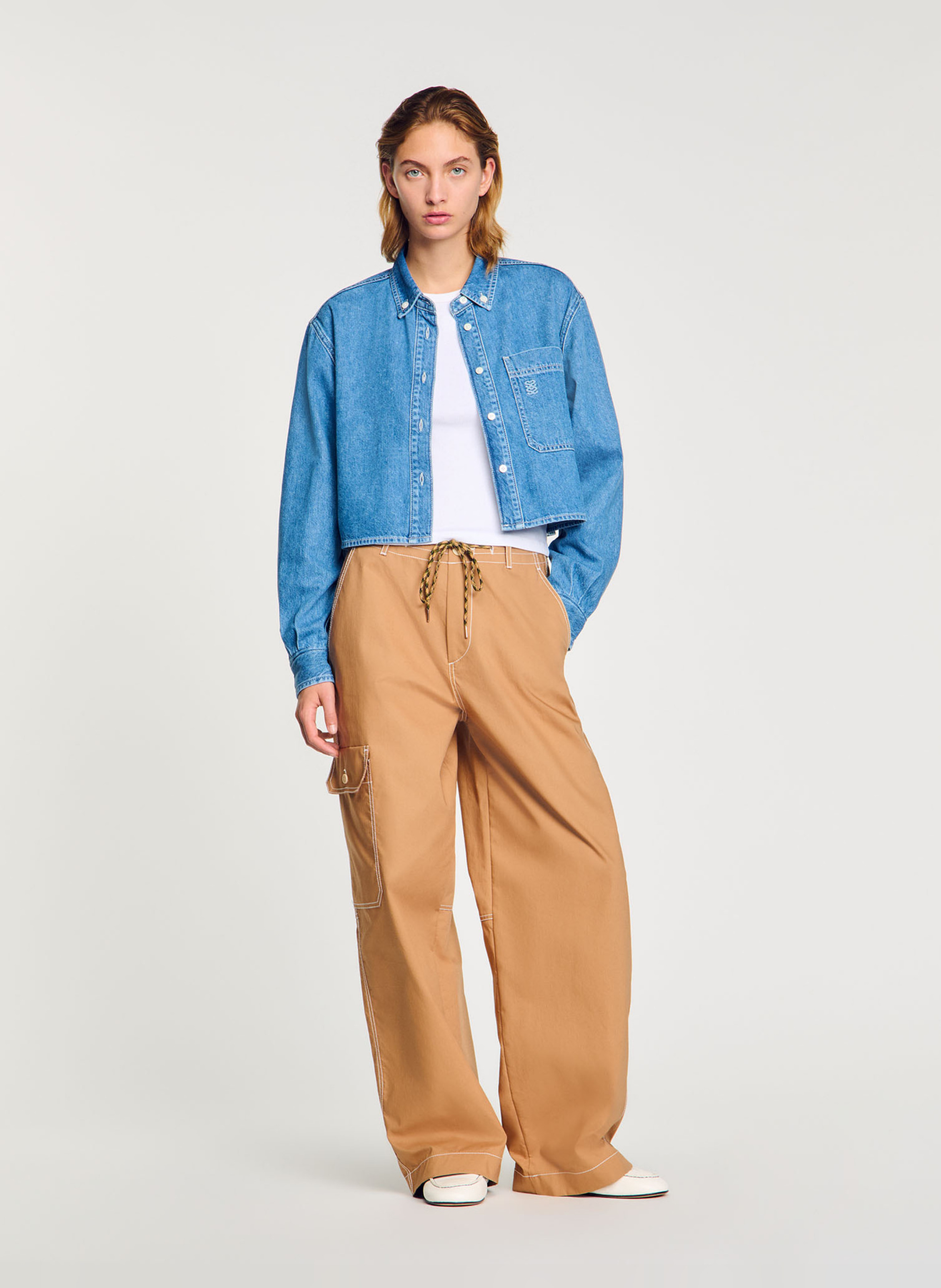 Chemise courte en denim coton SANDRO Bleu