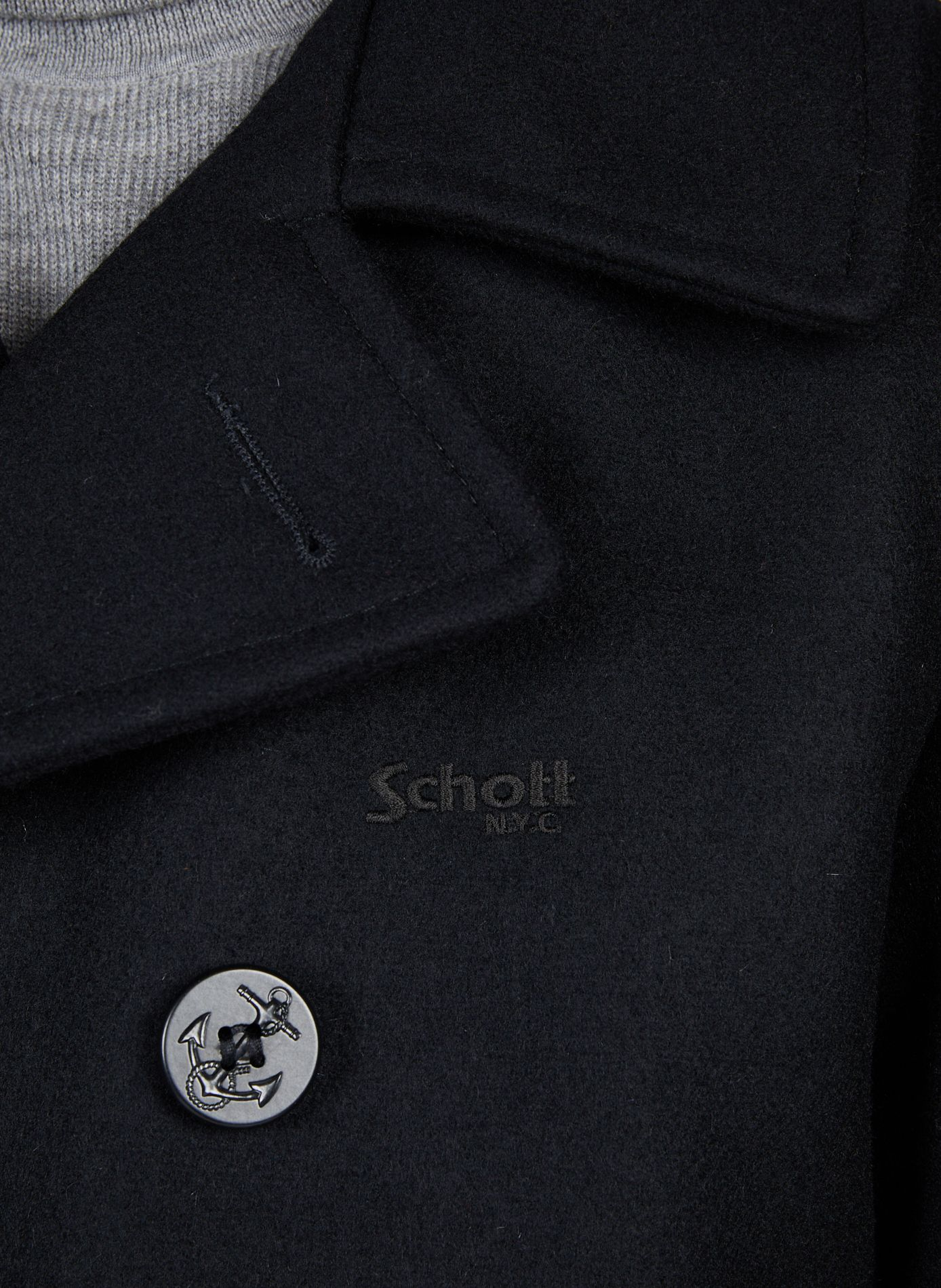 Ein einfarbiger Wollcaban-Mantel. SCHOTT Blau