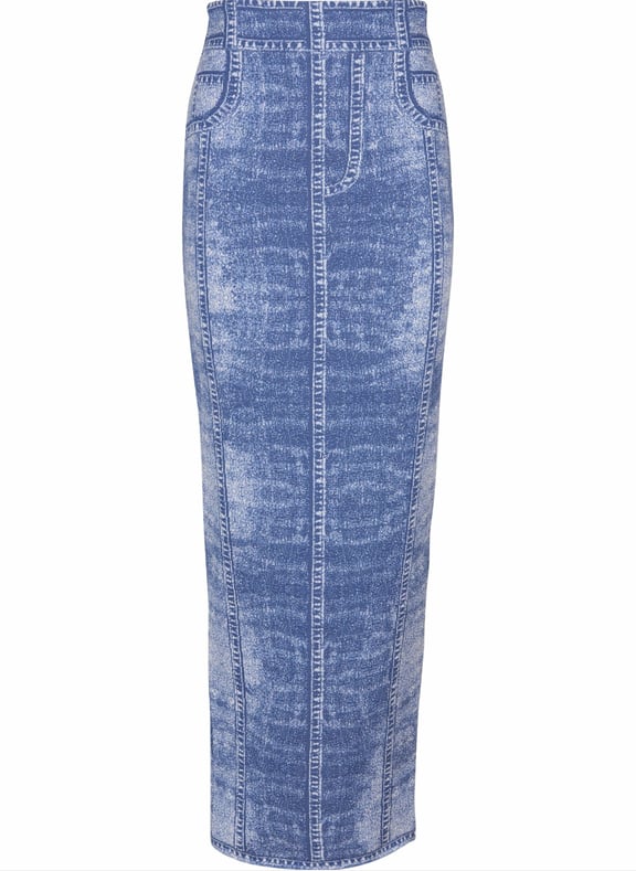 Jupe midi en maille jacquard avec trompe-l'œil denim Bleu by BALMAIN BALMAIN Jupe midi en maille jacquard avec trompe-l'œil denim Bleu