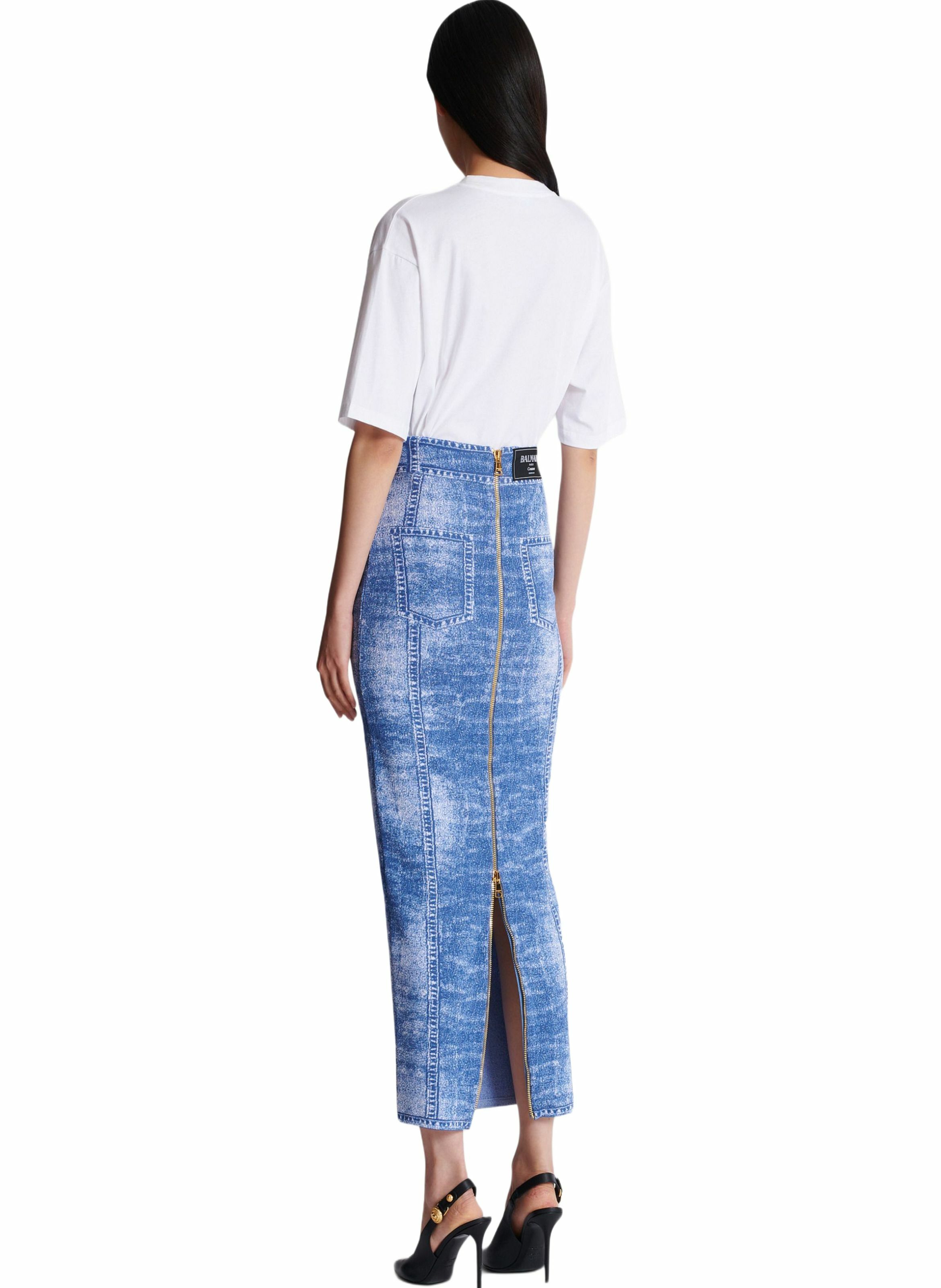 Jupe midi en maille jacquard avec trompe-l'œil denim BALMAIN Bleu