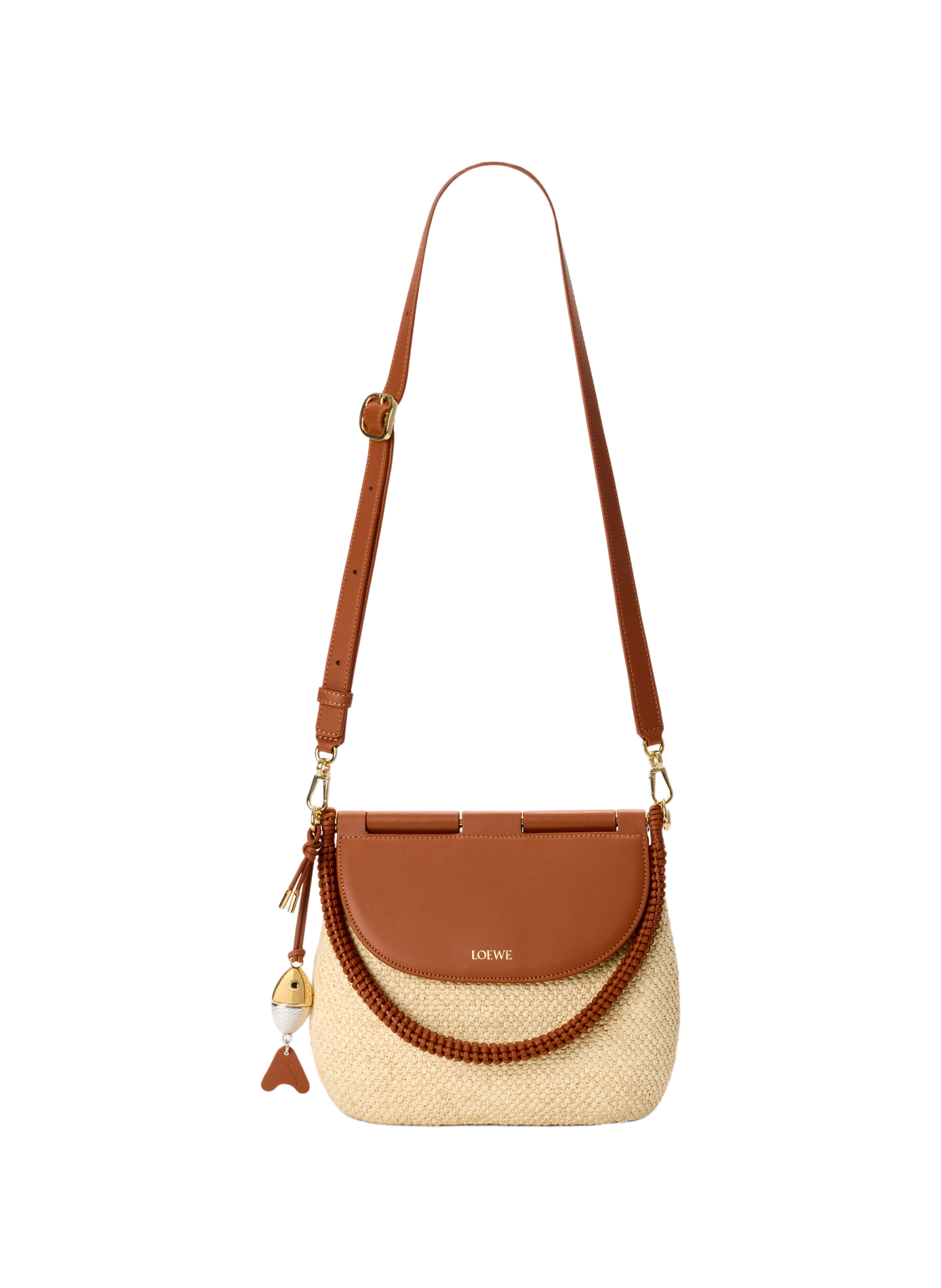 Sac Pescador moyen en raphia et cuir de veau LOEWE Beige