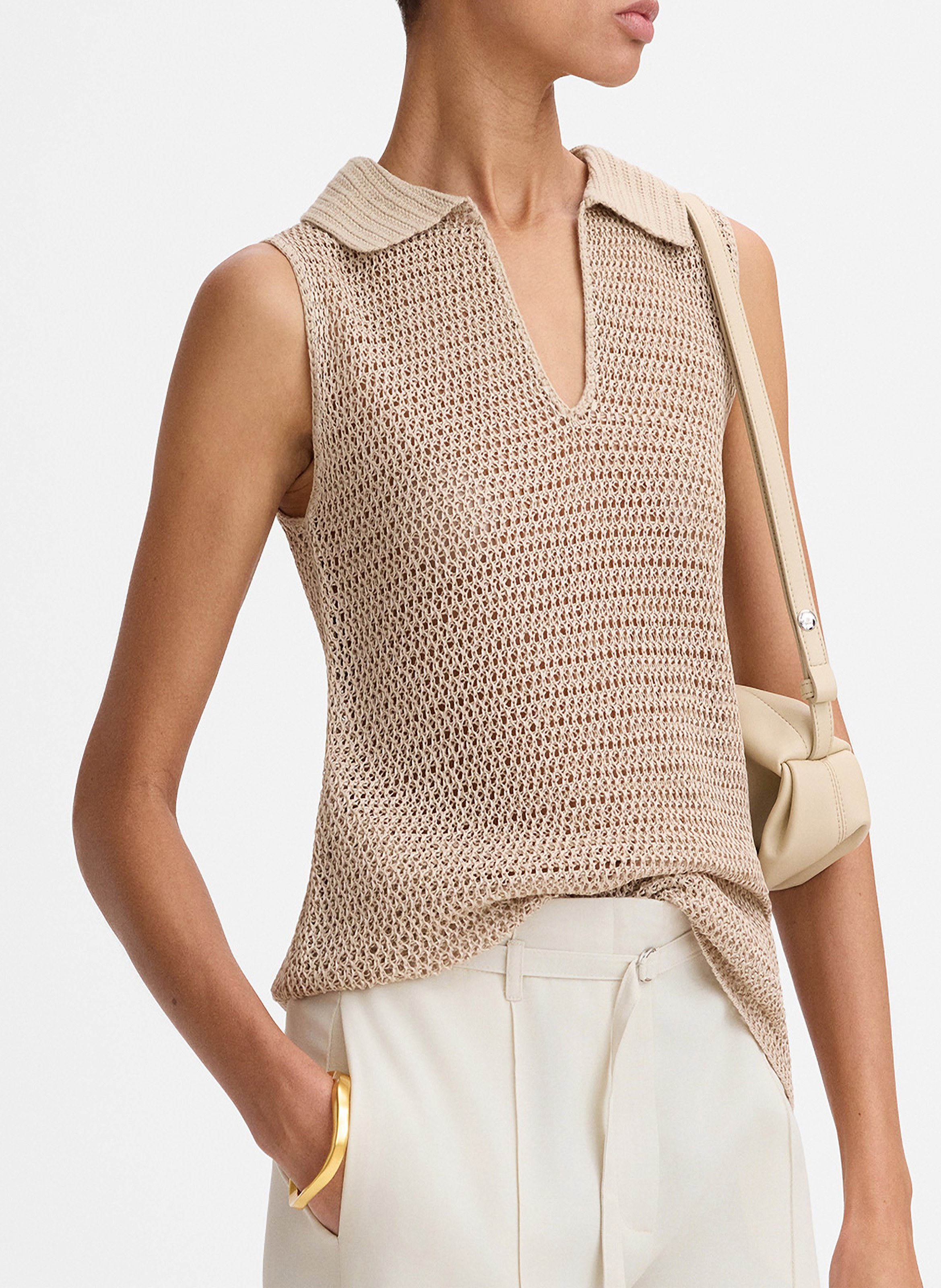 Top droit col polo en maille kristal SIMORRA Beige