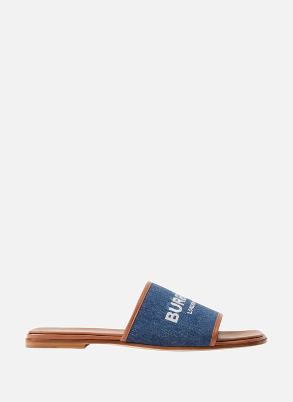 Denim and leather sliders Blue by BURBERRY BURBERRY Denim and leather sliders Blue