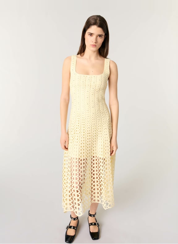 Robe midi à encolure carrée à strass Jaune by MAJE MAJE Robe midi à encolure carrée à strass Jaune