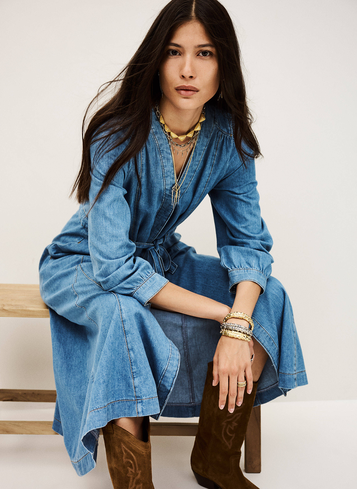 Robe longue col v ceinturée en denim lia BA&SH Bleu