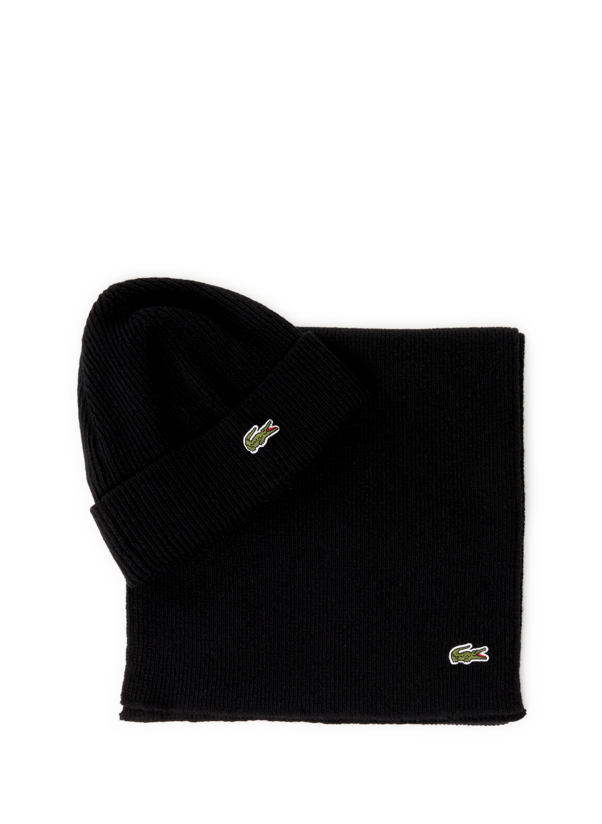 LACOSTE Coffret écharpe et bonnet côtelés en laine Noir