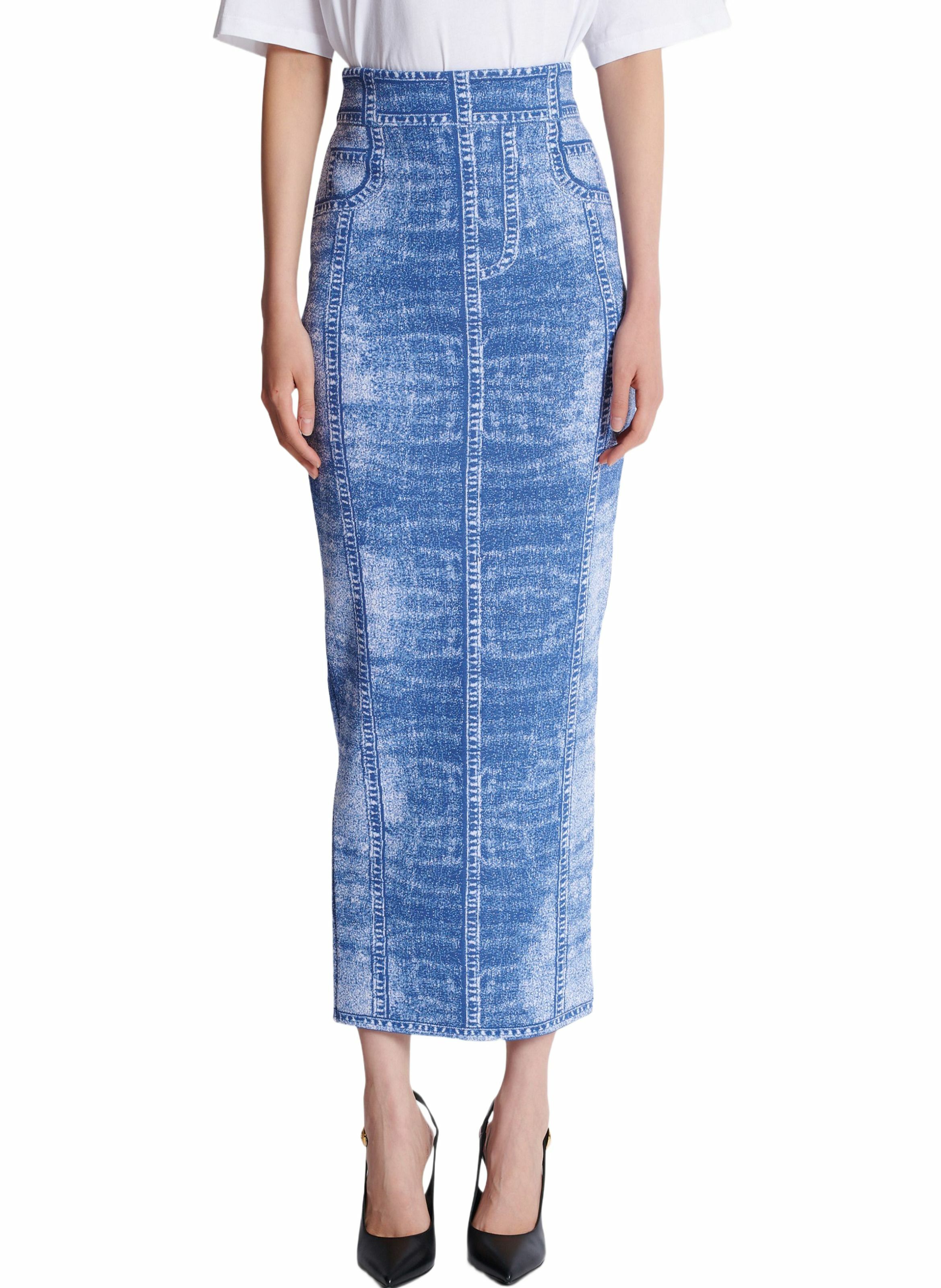 Jupe midi en maille jacquard avec trompe-l'œil denim BALMAIN Bleu