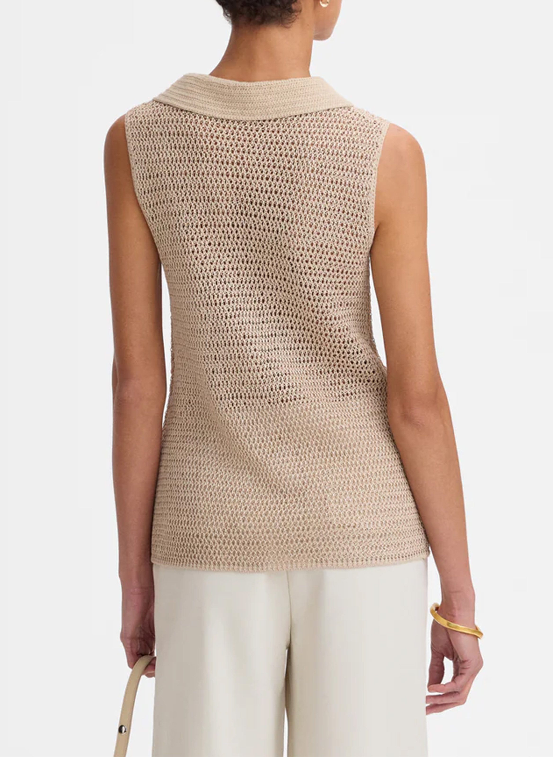 Top droit col polo en maille kristal SIMORRA Beige