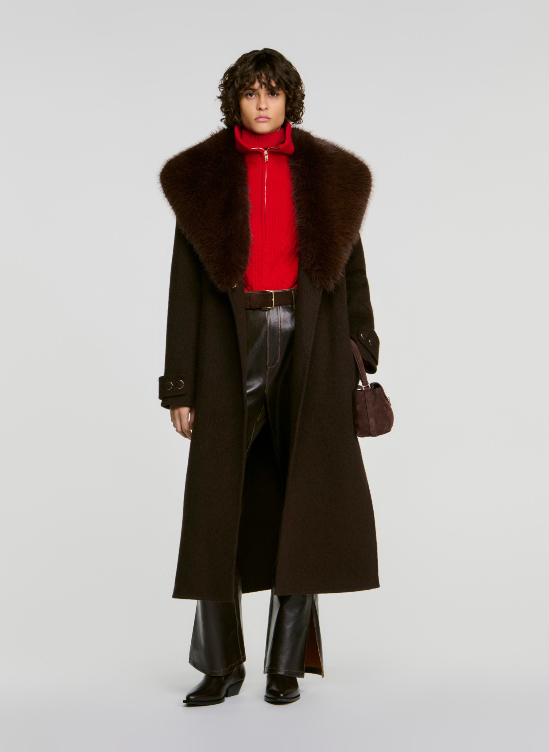 Manteau ample ceinturé à col effet fourrue SANDRO Marron