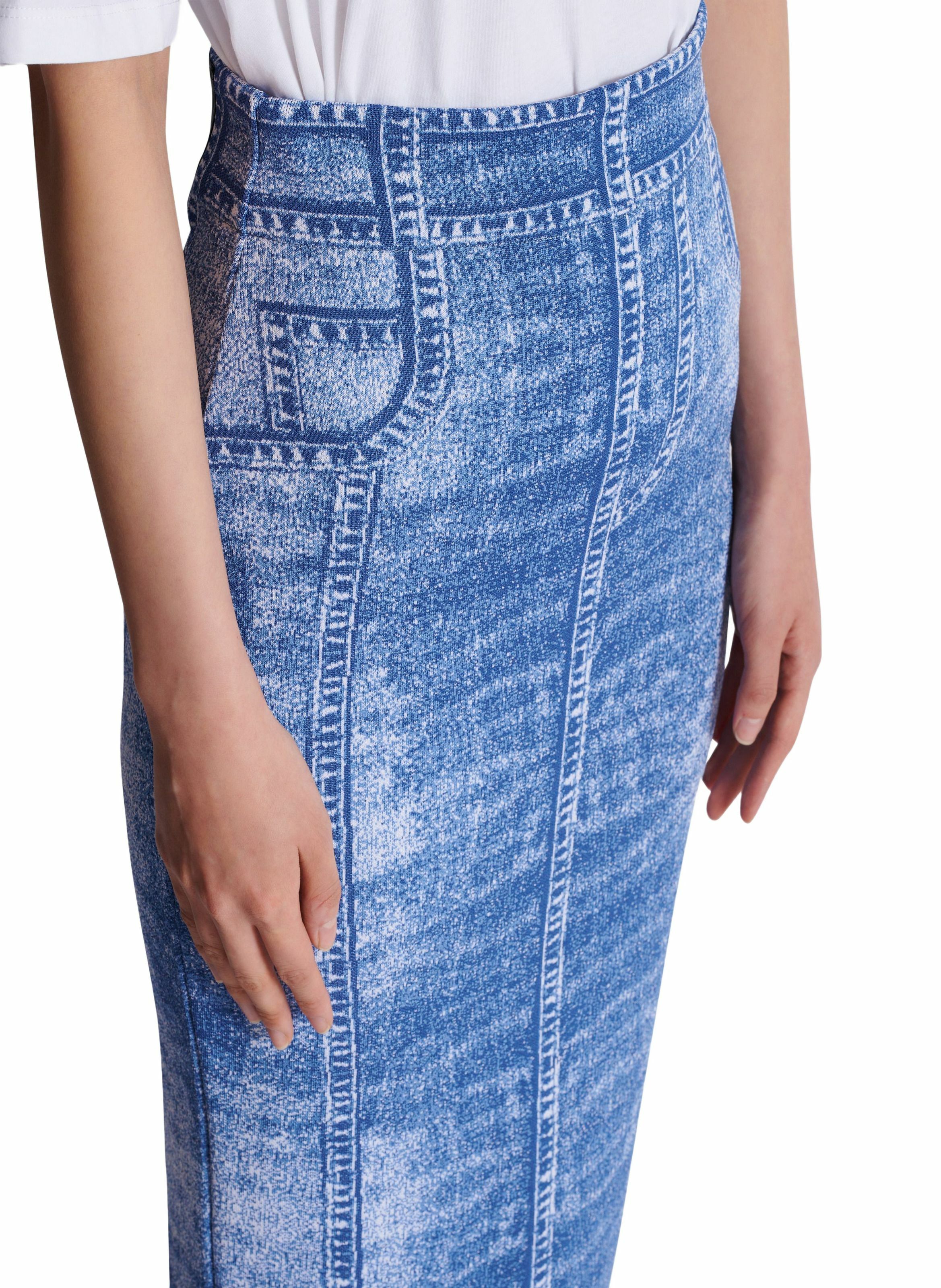 Jupe midi en maille jacquard avec trompe-l'œil denim BALMAIN Bleu