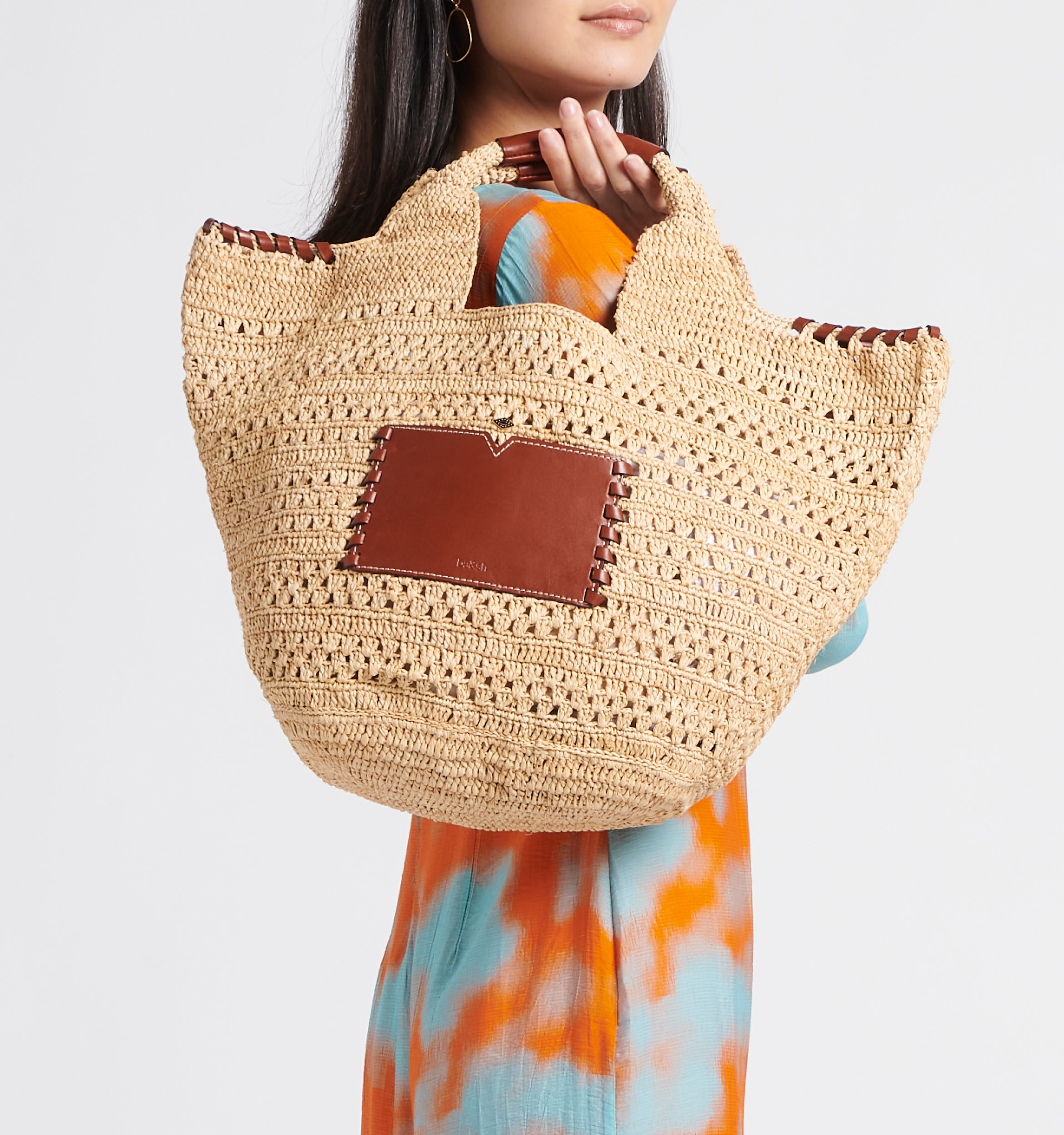 Sac cabas en paille et cuir ara BA&SH Marron