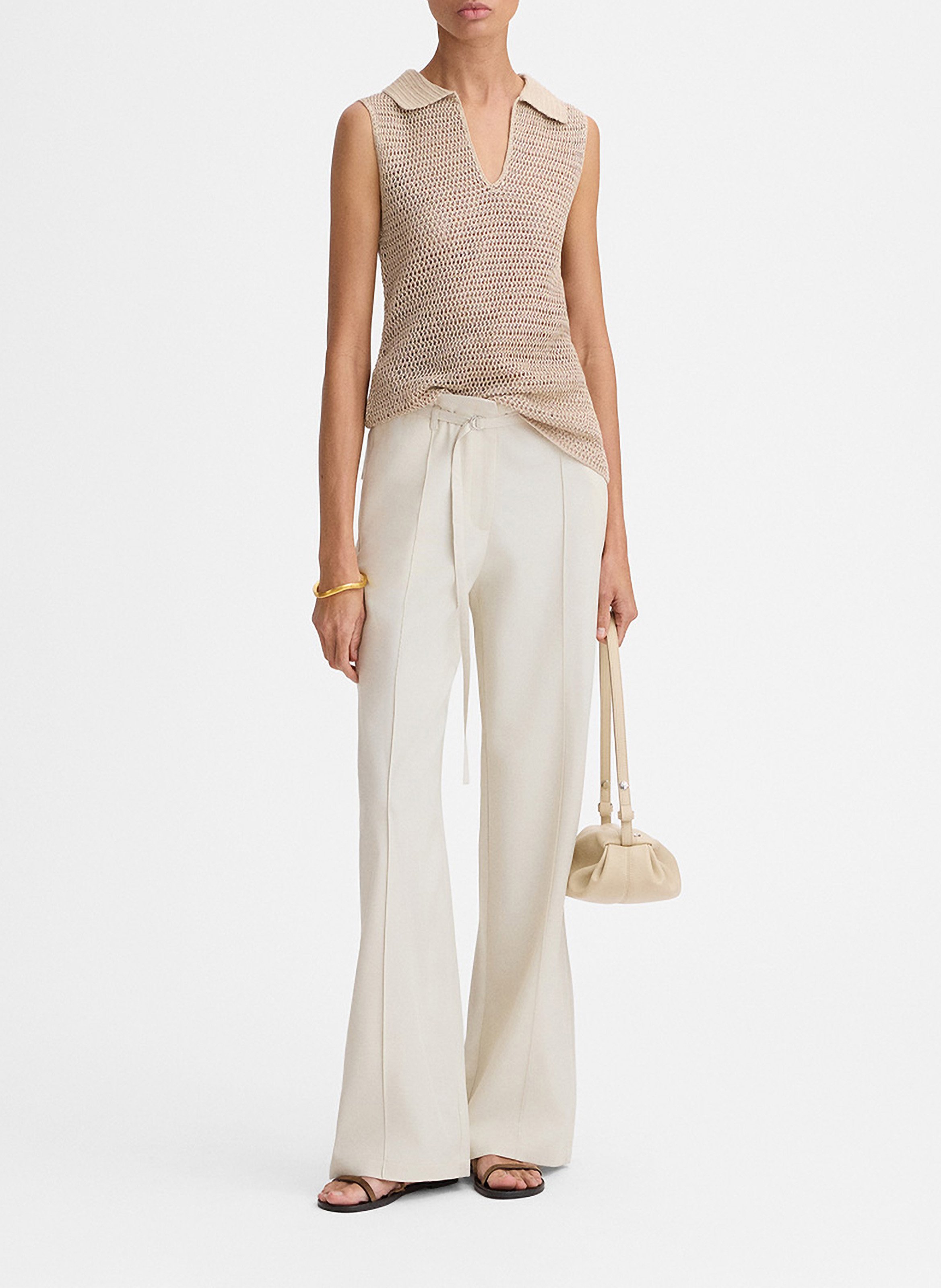 Top droit col polo en maille kristal SIMORRA Beige