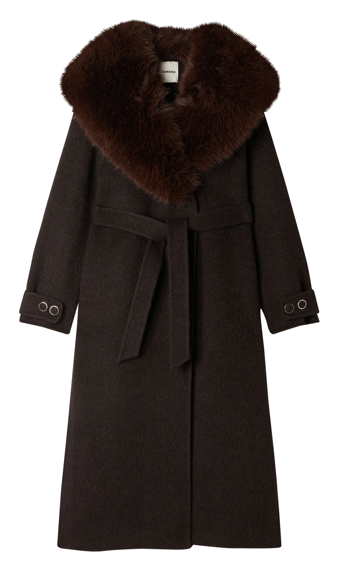Manteau ample ceinturé à col effet fourrue SANDRO Marron