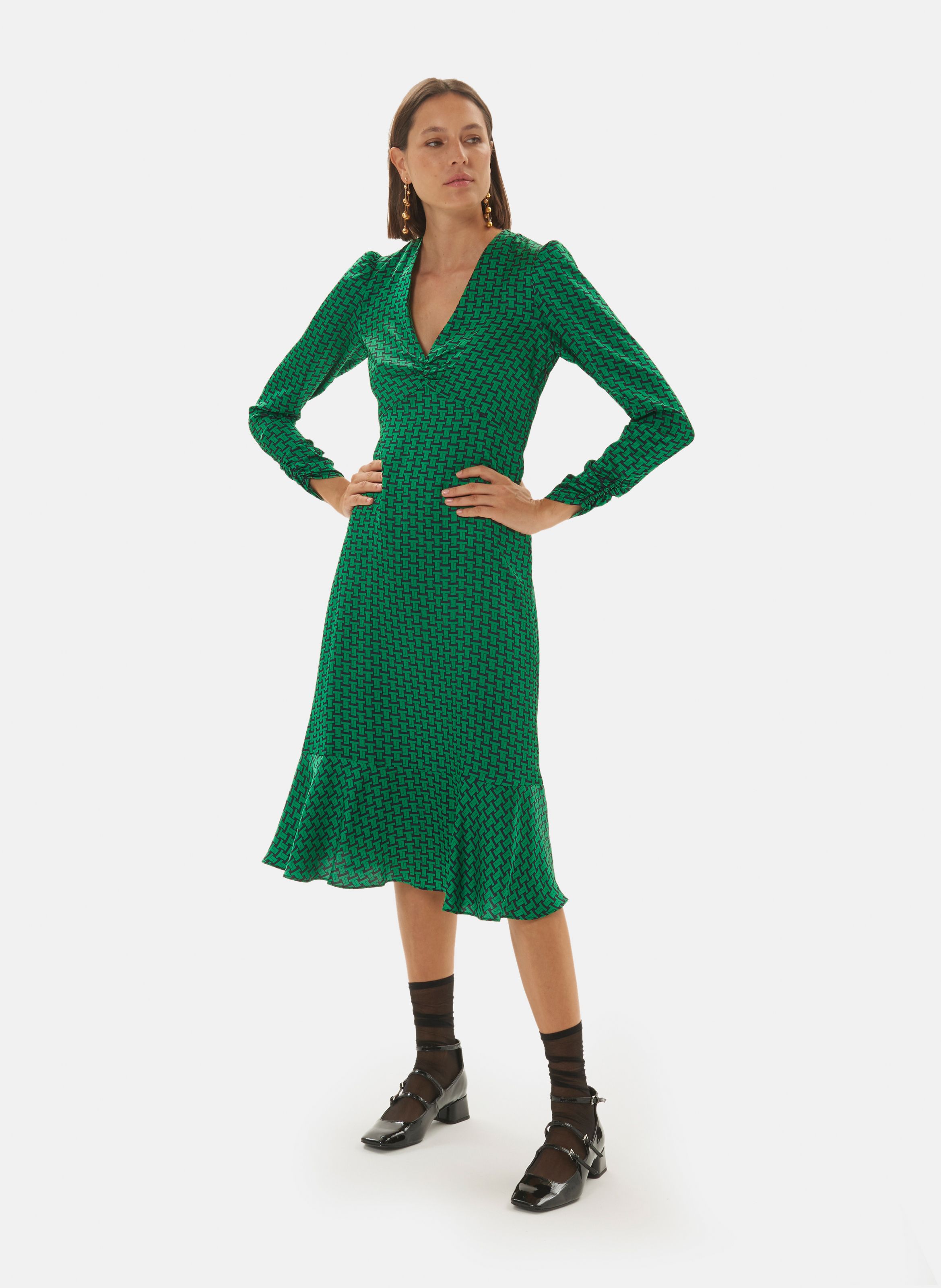 Robe mi longue vas e imprim e mi longue manches longues col v reine Vert