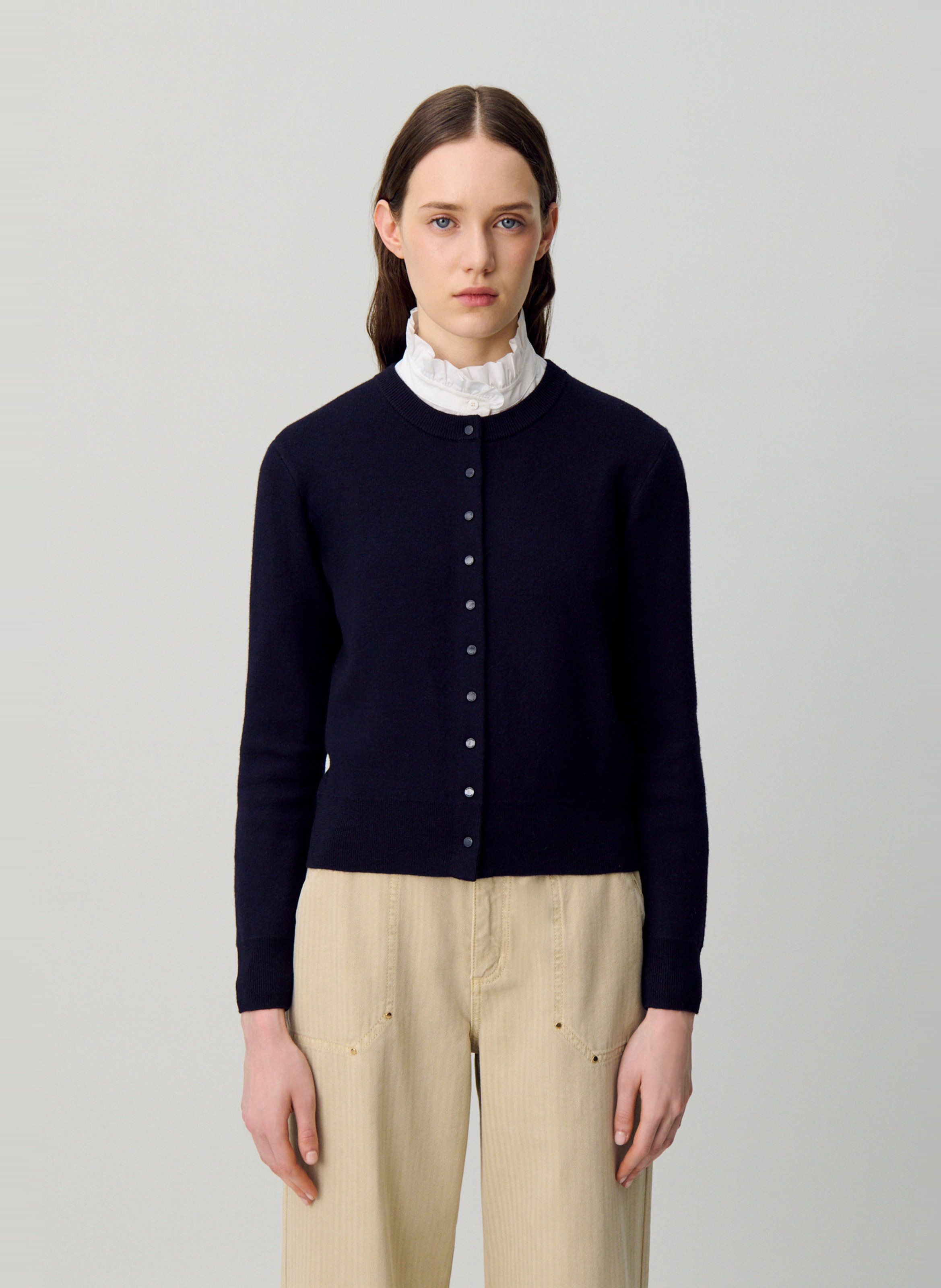 Cardigan col rond uni en laine mélangée marlene CLAUDIE PIERLOT Bleu