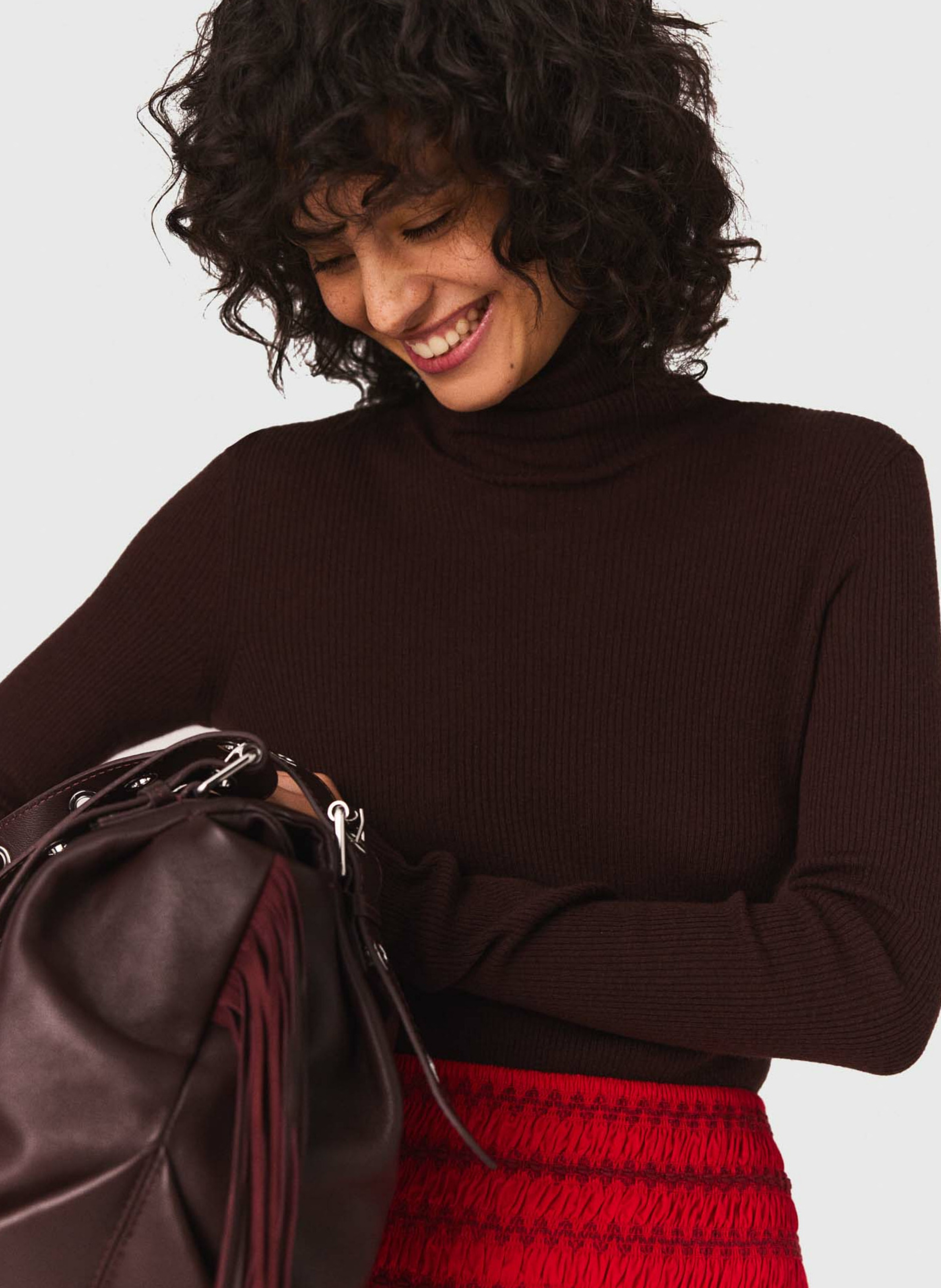 Pull col montant en laine mélangée Marron